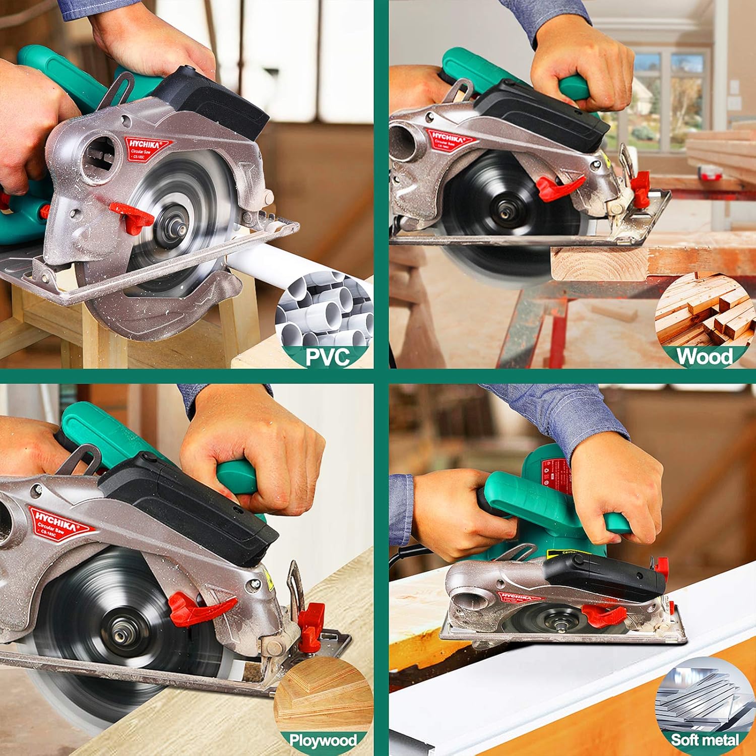 Circular Saw with Laser Guide,HYCHIKA 1500W/12.5A Corded Electric Saw with 4700RPM, 2Pcs Blades(24T+ 40T) plus 1 Allen Wrench, Max Cutting Depth 2-1/2”(90°), 1-4/5”(45°) - - 