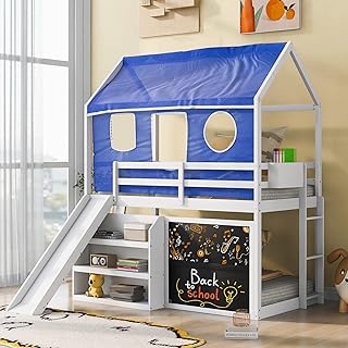 Twin Size Treehouse Bed Bunk Bed with Slide, Wood House Shaped Bunk Bed ...