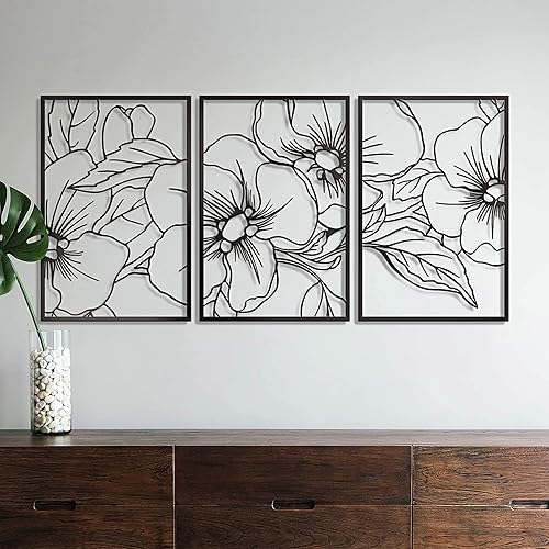 Vivegate Arte de Pared de Metal Floral Minimalista Negro de Una Sola Línea - 18"X12" 3 Paquetes Letreros de Pared de Líneas Minimalistas Abstractas