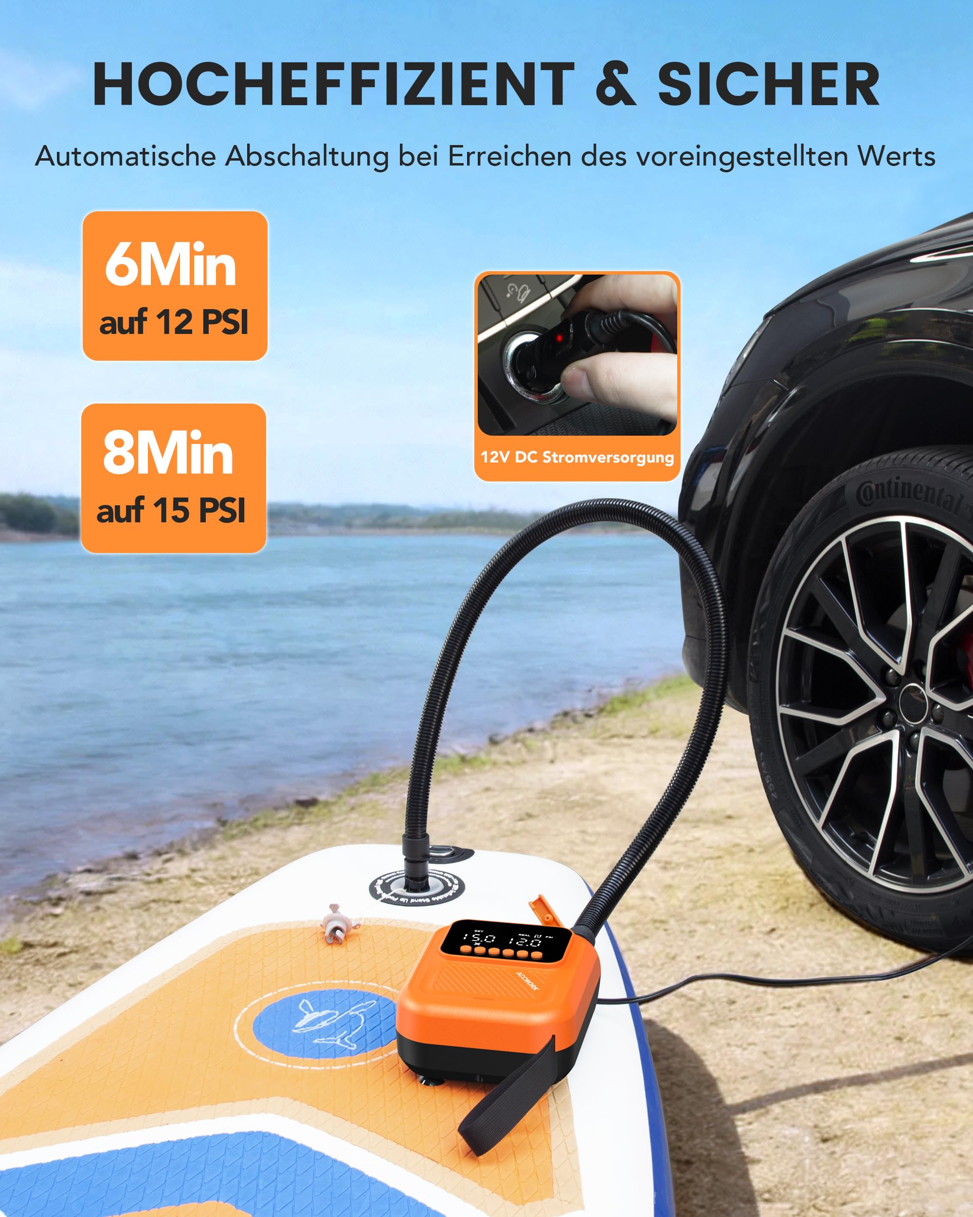 Accwork Elektrische SUP Pumpe 20 PSI ohne Akku, 12V DC Autoanschluss, Auto-Stopp, 2-stufiges Aufpumpen und Entlüften, 7 Adapter, Tasche für Paddle Board,Kajak,Schlauchboot,Camping-Zelt,Luftmatratze