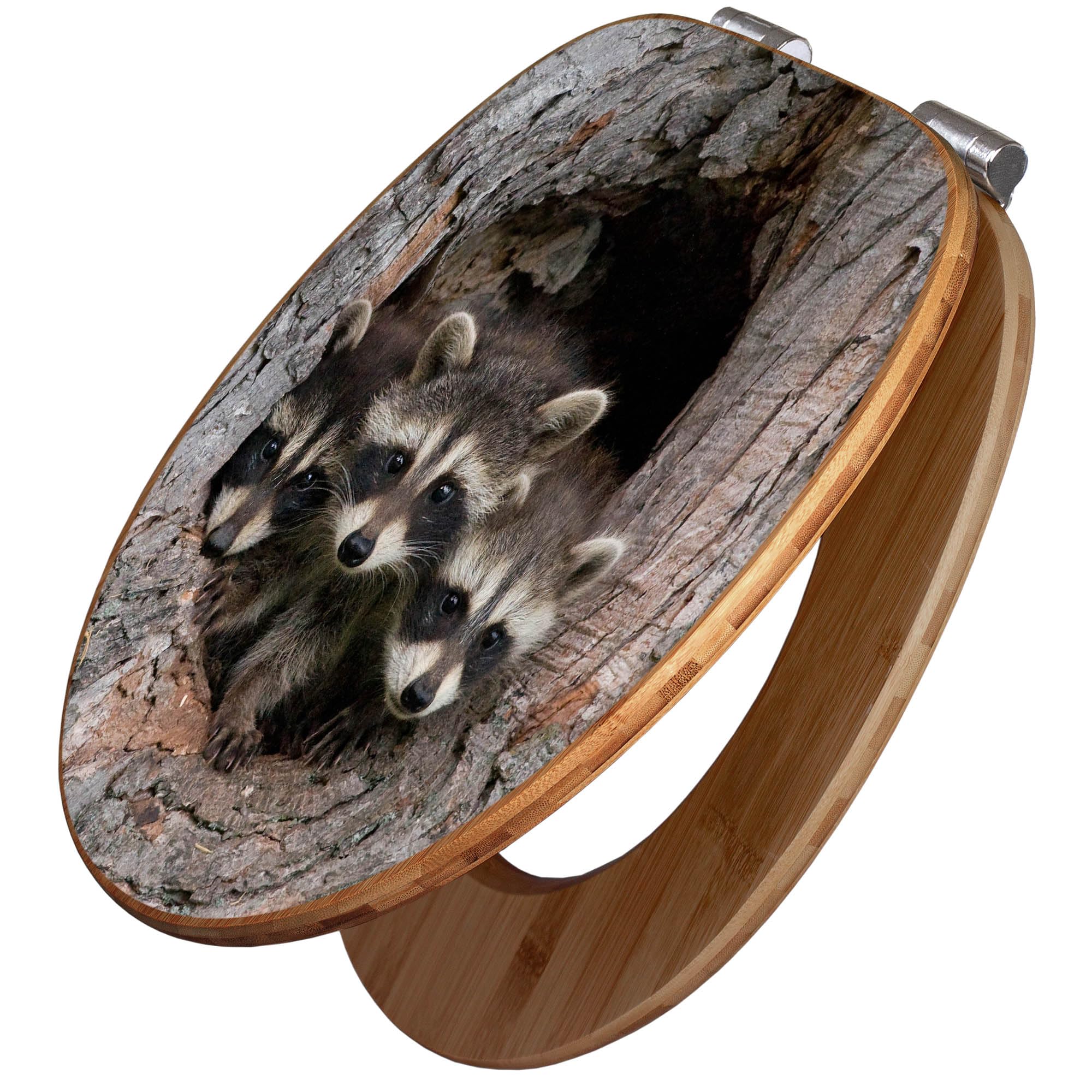 banjado Design WC Sitz Bambus Absenkautomatik 45,8x37,5cm - Toilettendeckel mit Absenkautomatik Holz - hochwertiger Bambus Klodeckel - WC-Sitz für gängigen Toiletten - Motiv Drei Waschbären
