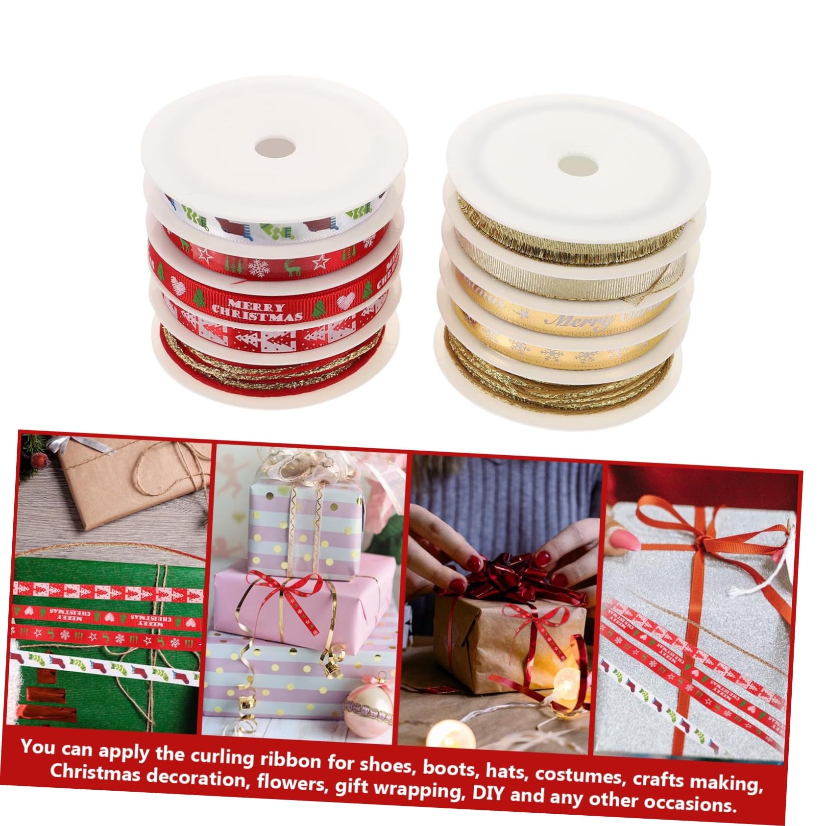 DOITOOL 12 Sätze Weihnachtsgeschenkbänder aus Langlebigem Polyester Bedruckte Geschenkverpackungsbänder in Rot und Gold Vielseitige Weihnachtsdeko für Baum Kranz und DIY Bastelprojekte