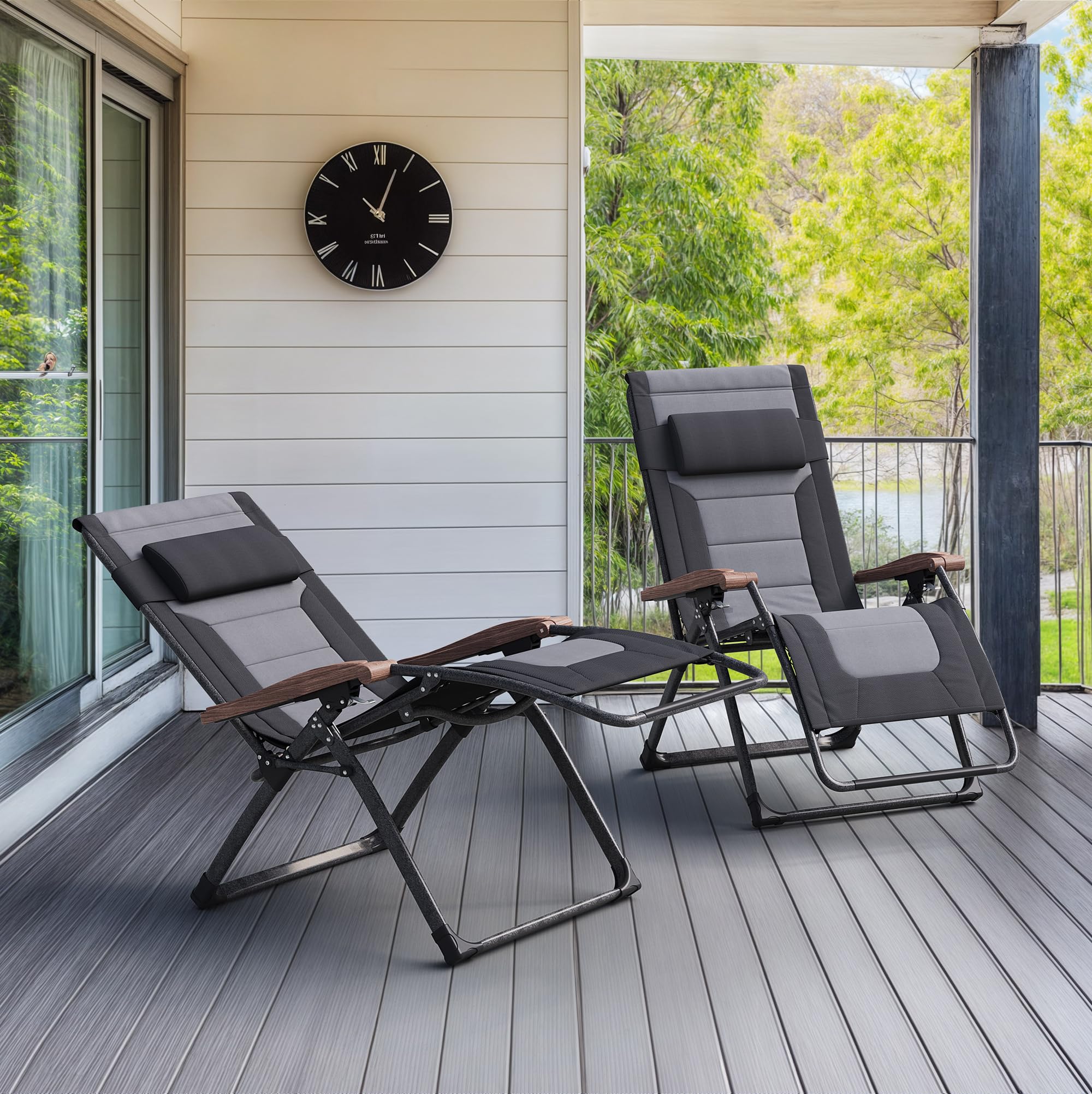 PURPLE LEAF Outdoor Reclining 2 Chair Oversized Quilted Cushion, Black Grey