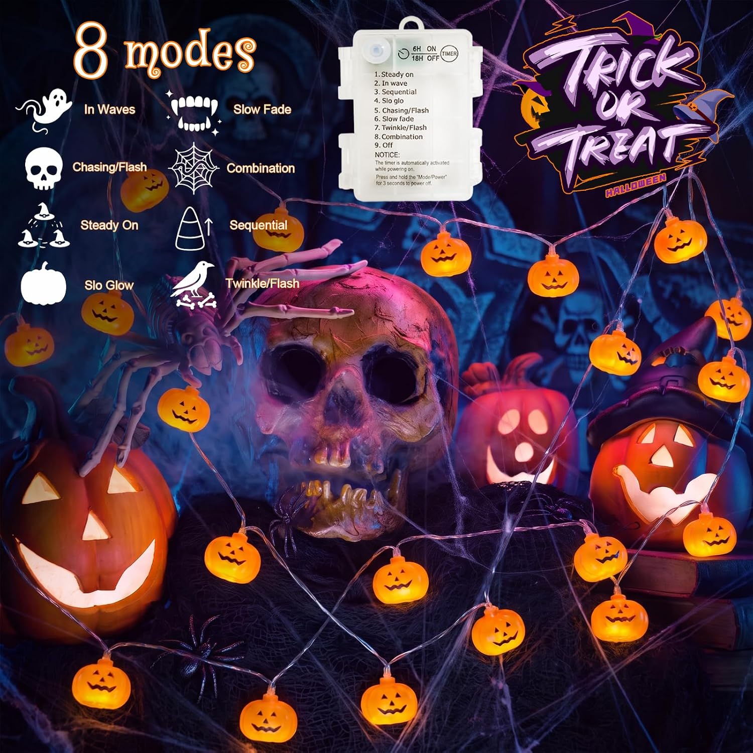 Halloween Lights Battery Operated, Pumpkin String Lights Outdoor | 10Ft, 20LED, Timer, 8 Modes, Clear Wire, 3D Plastic Pumpkin, Waterproof, Orange Cute Decor for Patio Yard Party Home