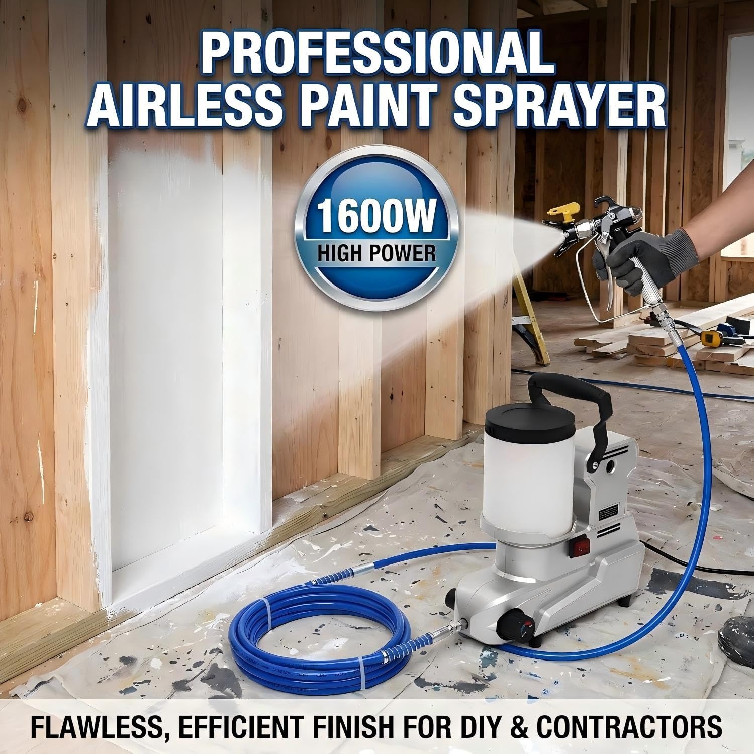Pulverizador de pintura sin aire de alta presión, 1600 W, 120 MPa, pulverizador eléctrico con manguera de 16.4 pies y tolva de 0.66 galones, pulverizador de pintura de látex a base de agua para