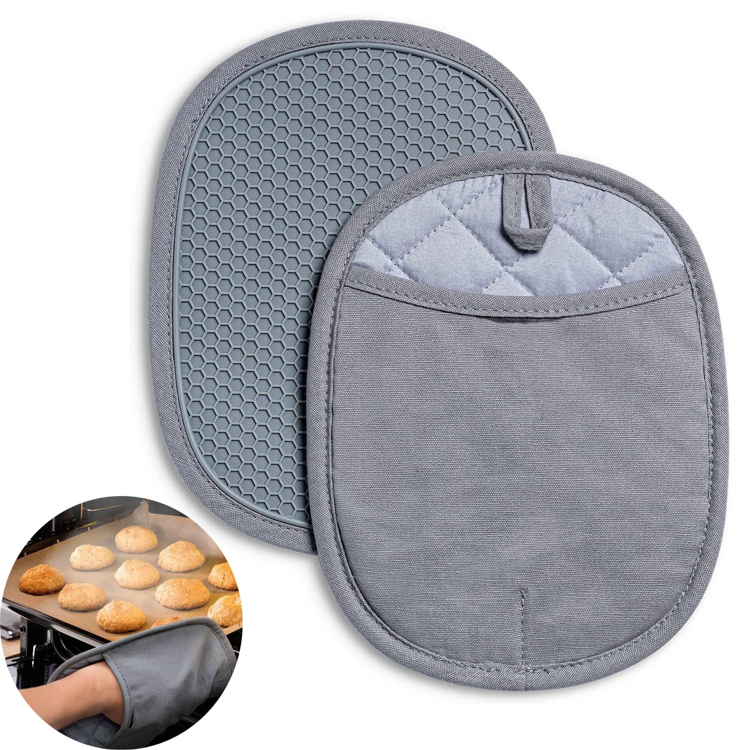 Bolivia's Silicone Pot Holders Sets, Non-Slip Grip Large Potholders, 2 Pcs Heat Resistant Oven Hot Pads with Pockets, Quilted Lined Silicone Oven Mitts for Kitchen Baking Cooking, 25×19cm