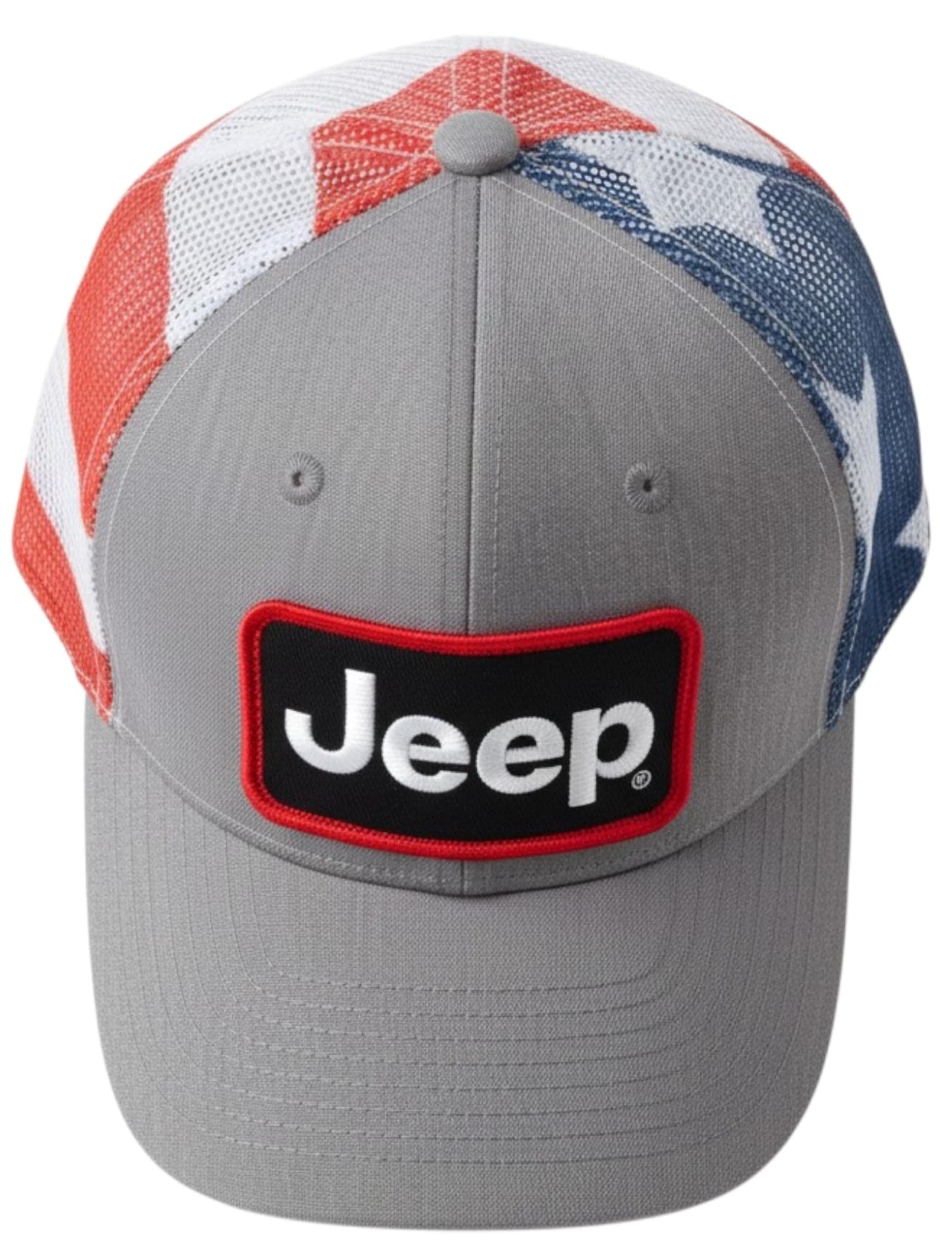 Jeep Cappello da camionista a stelle e strisce, pannello frontale grigio con toppa ricamata, retro in rete con bandiera americana, chiusura snapback, licenza ufficiale