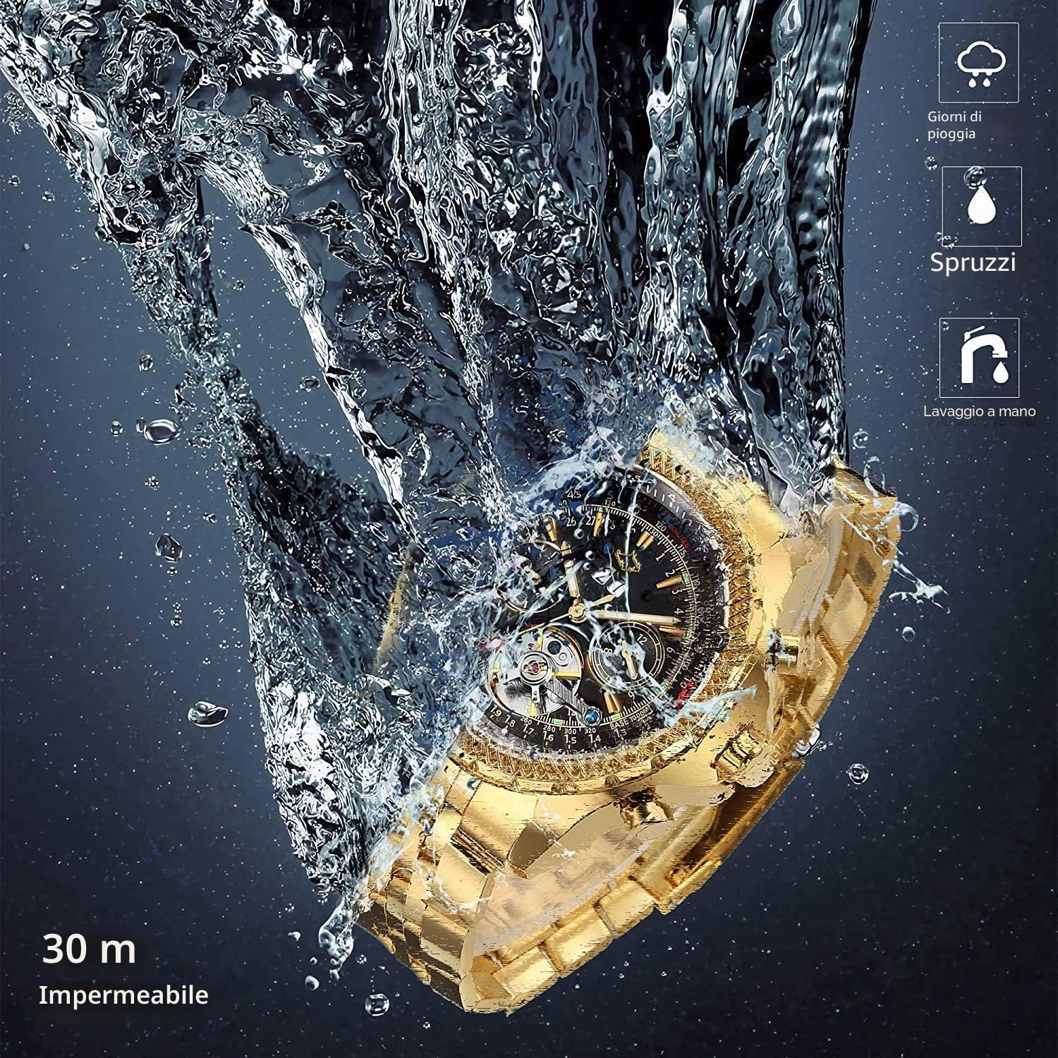 GuTe lussuoso orologio meccanico da polso da uomo, con carica automatica con tourbillon, dorato, con cinturino in acciaio inox, quadrante nero, lancette fluorescenti, funzione di calendario e giorno, datario