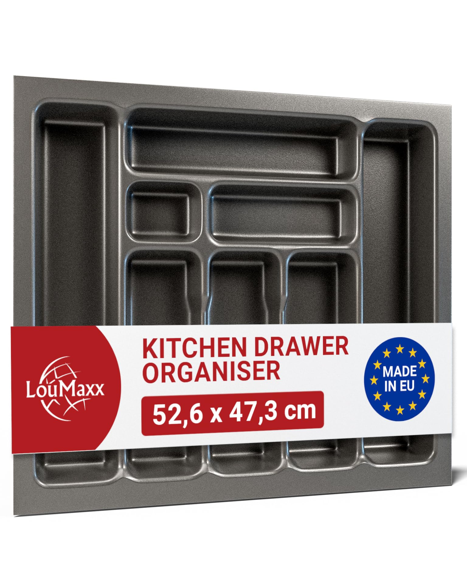 LouMaxx Cutlery Tray for Drawers - Kitchen Drawer Organizer Made in Germany, Grey with Compartments - Durable & Long-lasting (basalt grey, 18.6" x 20.7" x 2")