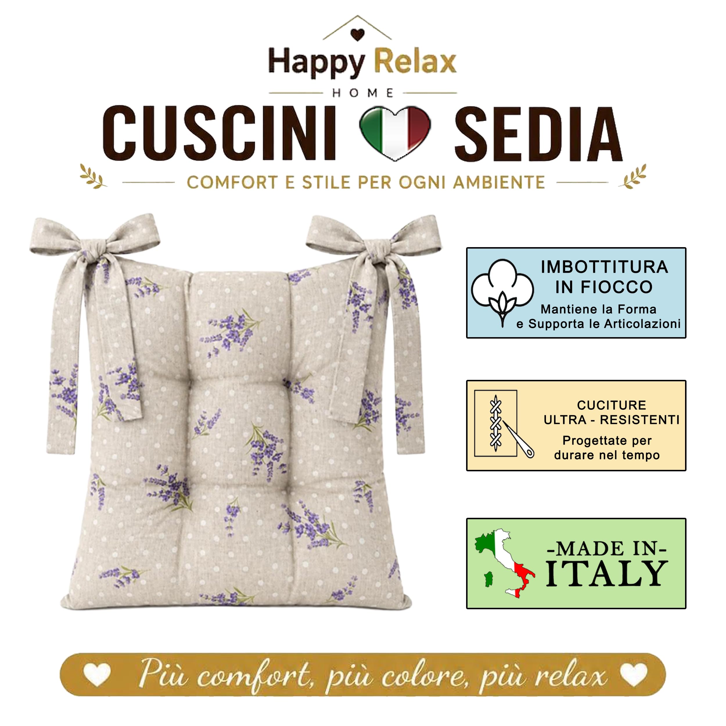 Cuscini Sedie Cucina Set da 4 o 6, Cuscini per Sedie, 40x40 cm, Coprisedia con Laccetti, 100% Cotone, Copri Sedia da Cucina Trapuntati al Centro, Made in Italy (6 Beige Lavanda)