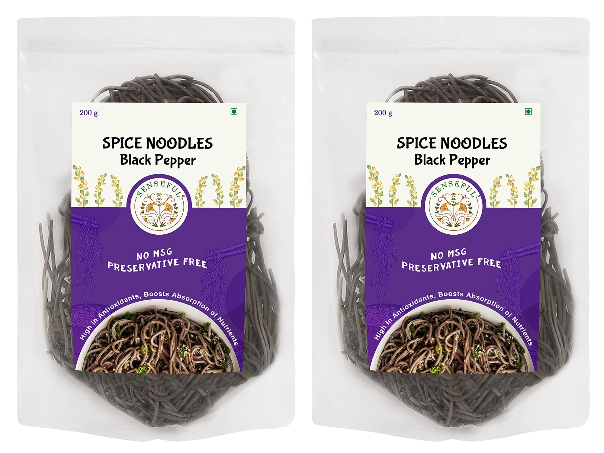 SENSEFUL Black Pepper Hakka Noodles Pack of 2 - Non-Fried, No Cholesterol, No Trans-Fat & No MSG - 200 gm each