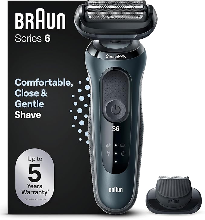 Braun Series 6 Afeitadora Eléctrica Hombre, Máquina de Afeitar Barba con Recortadora De Precisión EasyClick, SensoFlex, Uso En Seco y en Mojado, Recargable, Inalámbrica, 61-N1200s, Gris