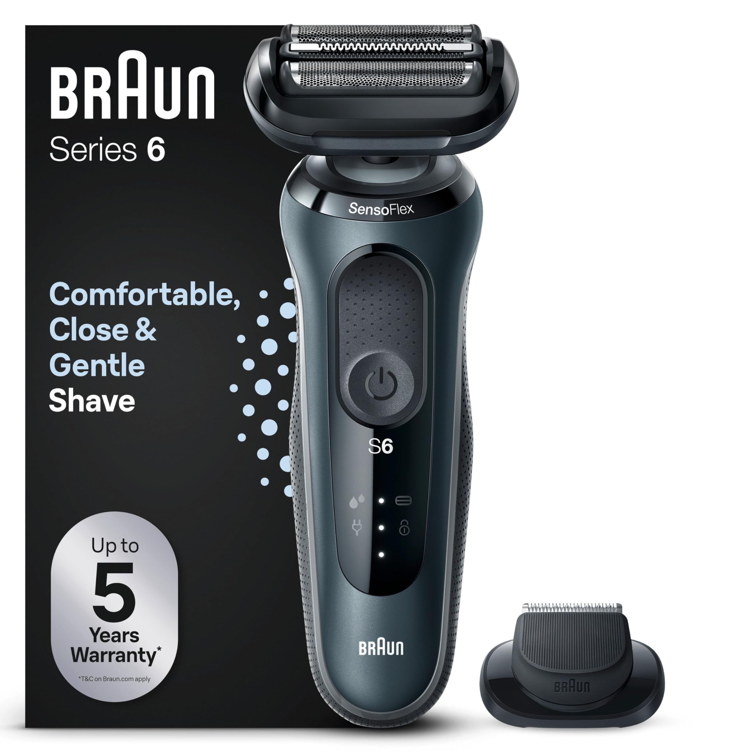 Braun Series 6 Afeitadora Eléctrica Hombre, Máquina de Afeitar Barba con Recortadora De Precisión EasyClick, SensoFlex, Uso En Seco y en Mojado, Recargable, Inalámbrica, 61-N1200s, Gris GreenCircle Certified: Certified Energy Savings
