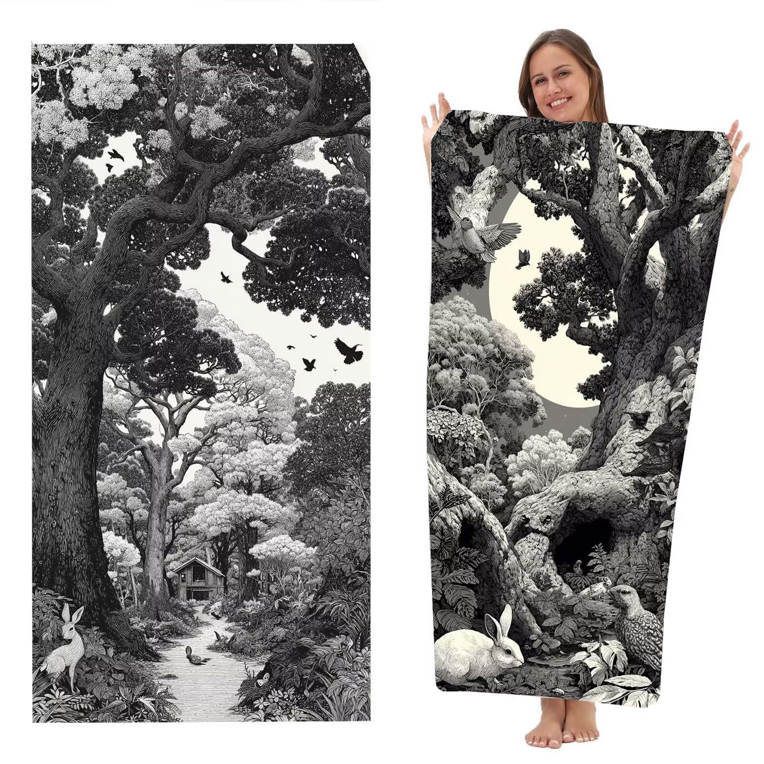 Strandtuch XXL 2 Set Microfaser Handtucher Mikrofaser Badetuch Beach Towels 220x100 cm Schnelltrocknend Dünn Strandtücher Groß Leicht Badehandtuch der Stranddecke Sandfrei (Schwarzweißer Wald) z-5697