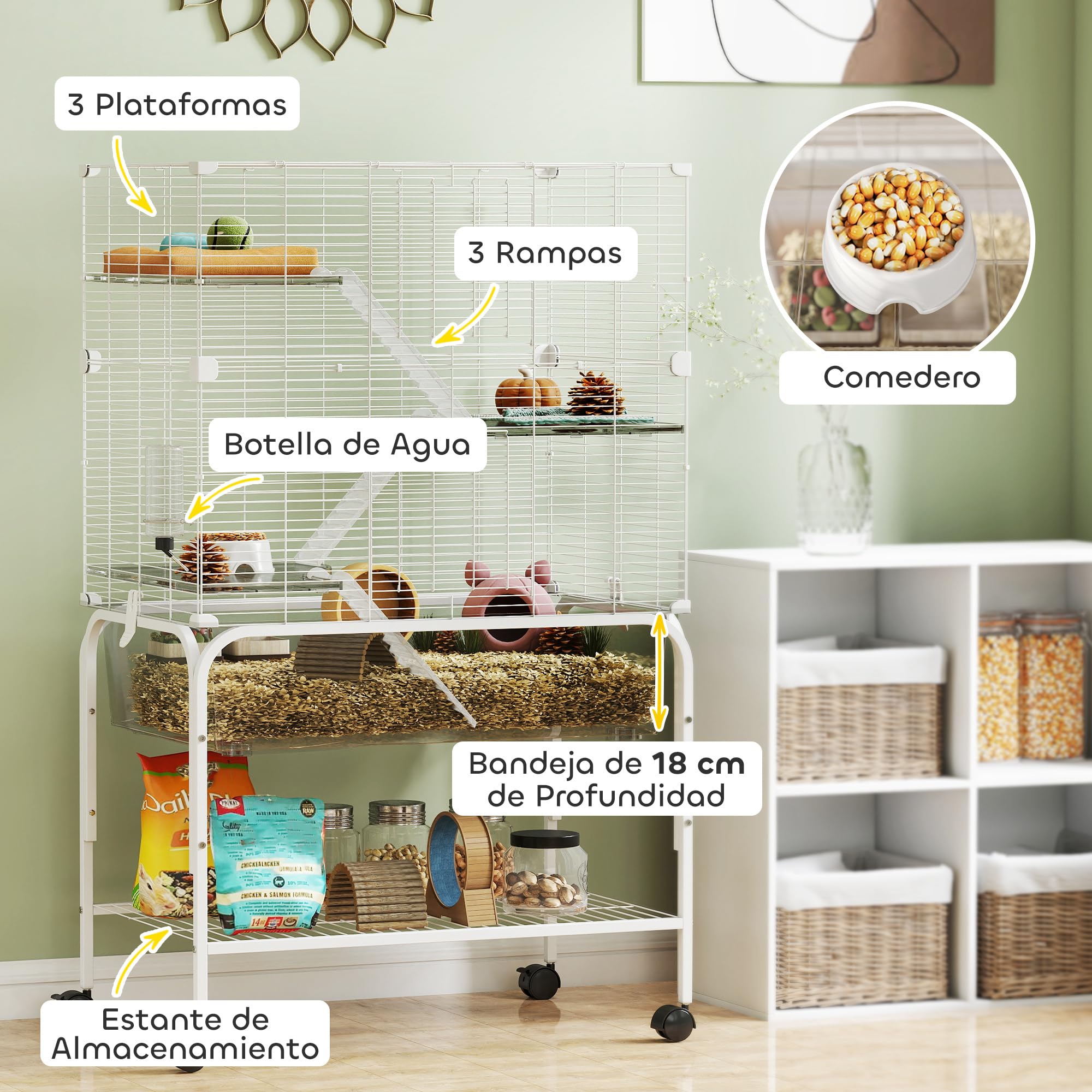 PawHut Jaula para Animales Pequeños de 4 Niveles con Ruedas Jaula para Roedores con Bandeja Profunda Rampas Plataformas Comedero y Bebedero Recinto para Chinchillas Hurones Hámster 73x47x123 cm Blanco