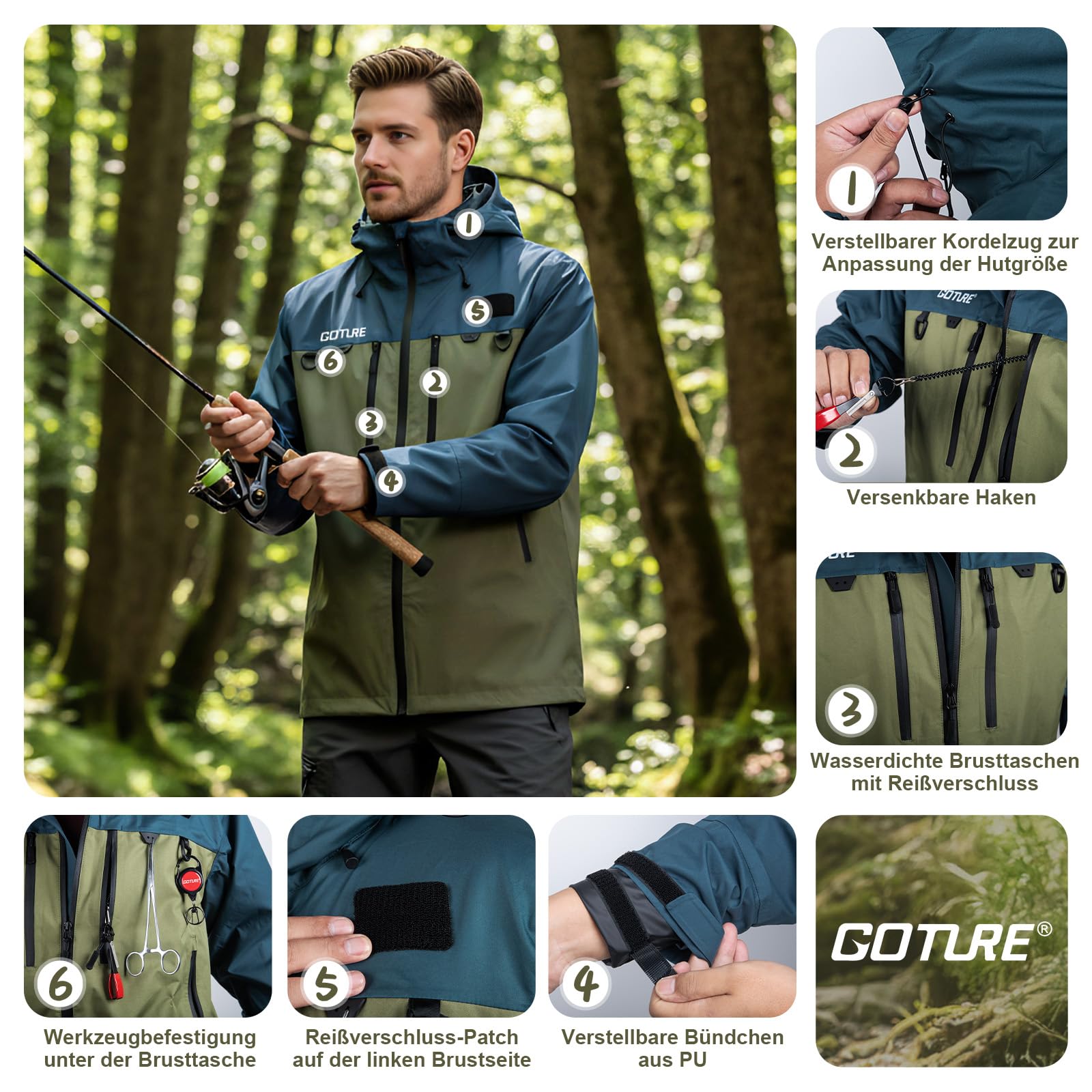 Goture Fliegenfischerweste Fliegenfischen Waten Jacke - Wasserdicht 15.000 mm & Atmungsaktiv mit Brusttaschen, Verstellbarer Kapuze, Handwärmetaschen für Angeln, Jagd, Outdoor Männer und Frauen