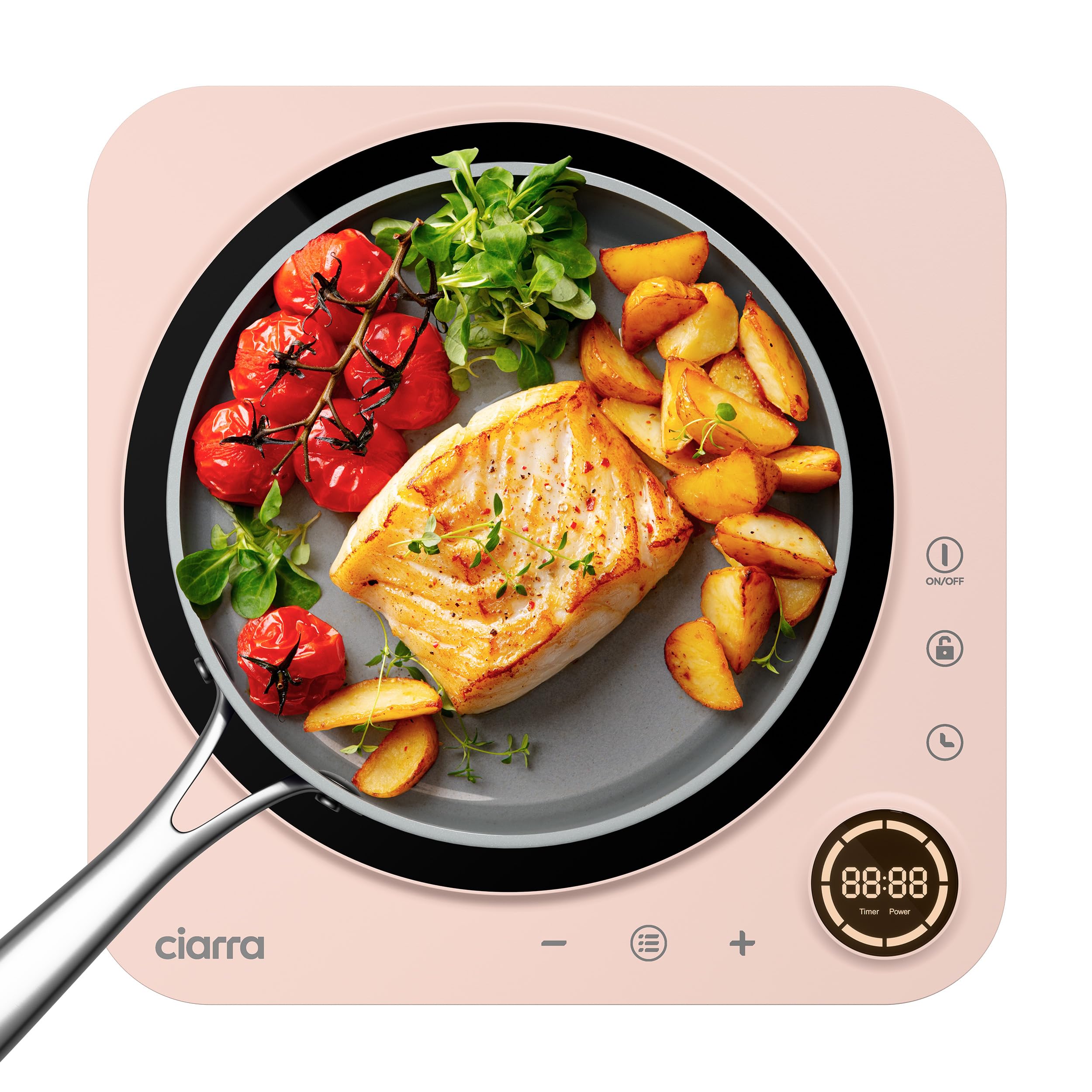 Ciarra Placa de Inducción Portátil 1 Fuego 2000W de Potencia en 8 Niveles, Placa Induccion con cuerpo delgado, Display Táctil, Temporizador, Rose, CBTIH1A-P