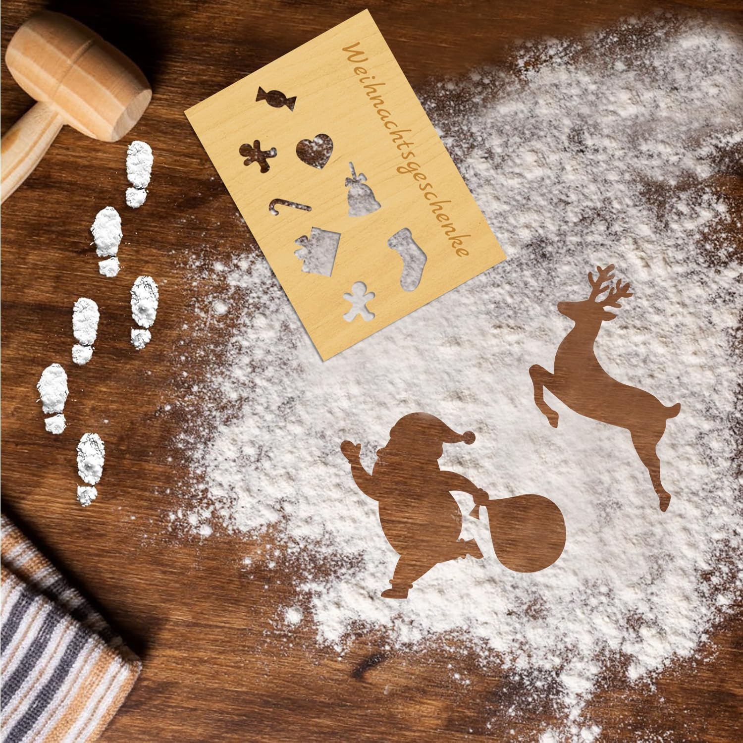 Wichtel Fußabdrücke Schablonen Set 6 Stück – Weihnachtsmann, Rentier, Geschenk, Aus Birkensperrholz Für Schneespray