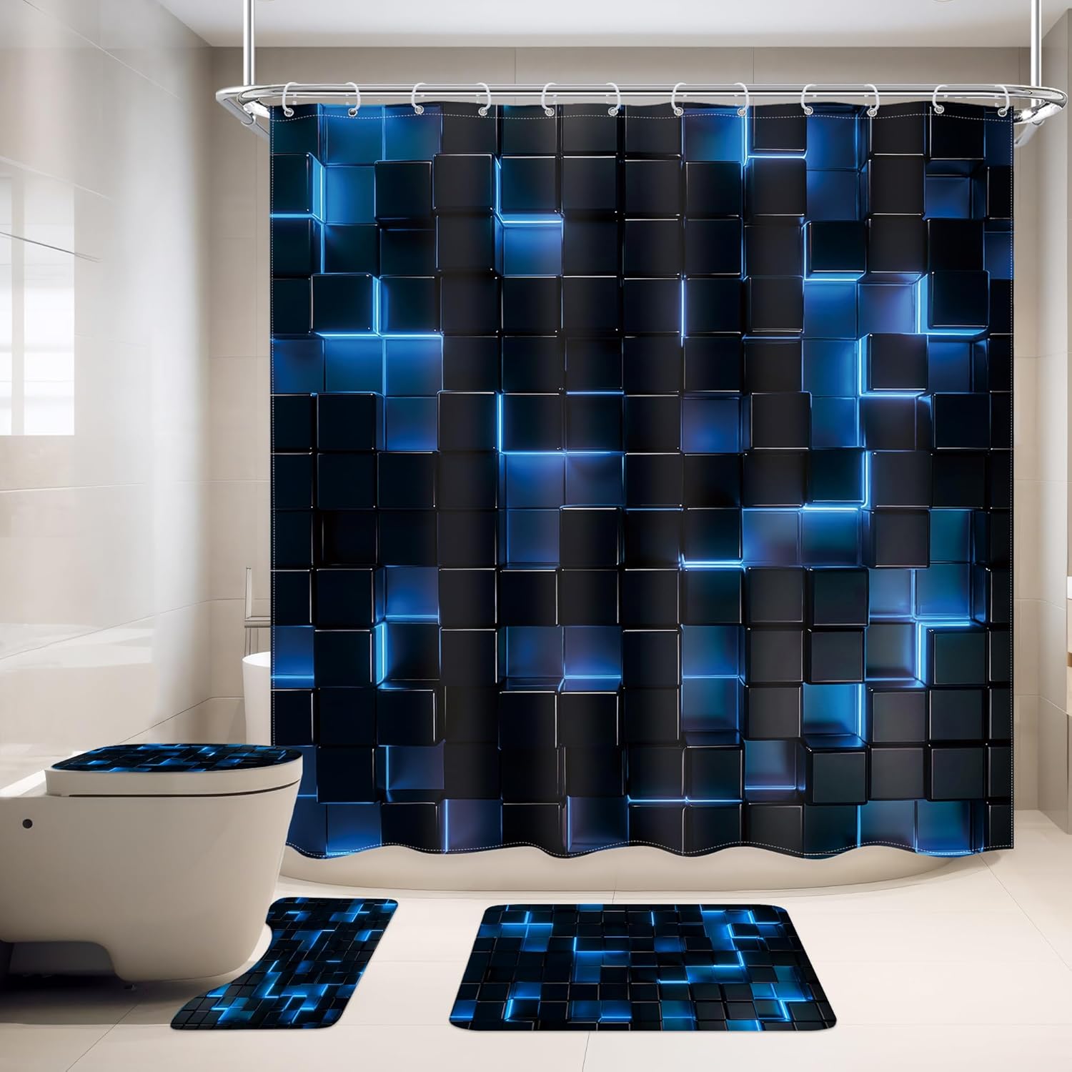 4 PCS Black and Blue Bathroom Set with Shower Curtain and Rugs 72Wx72H Inch Modern 3D Cube Kids Cool for Boy Men Non-Slip Bath Rug Toilet Lid Cover U Shape Mat Accessories 12 Hooks Bathoom Deco