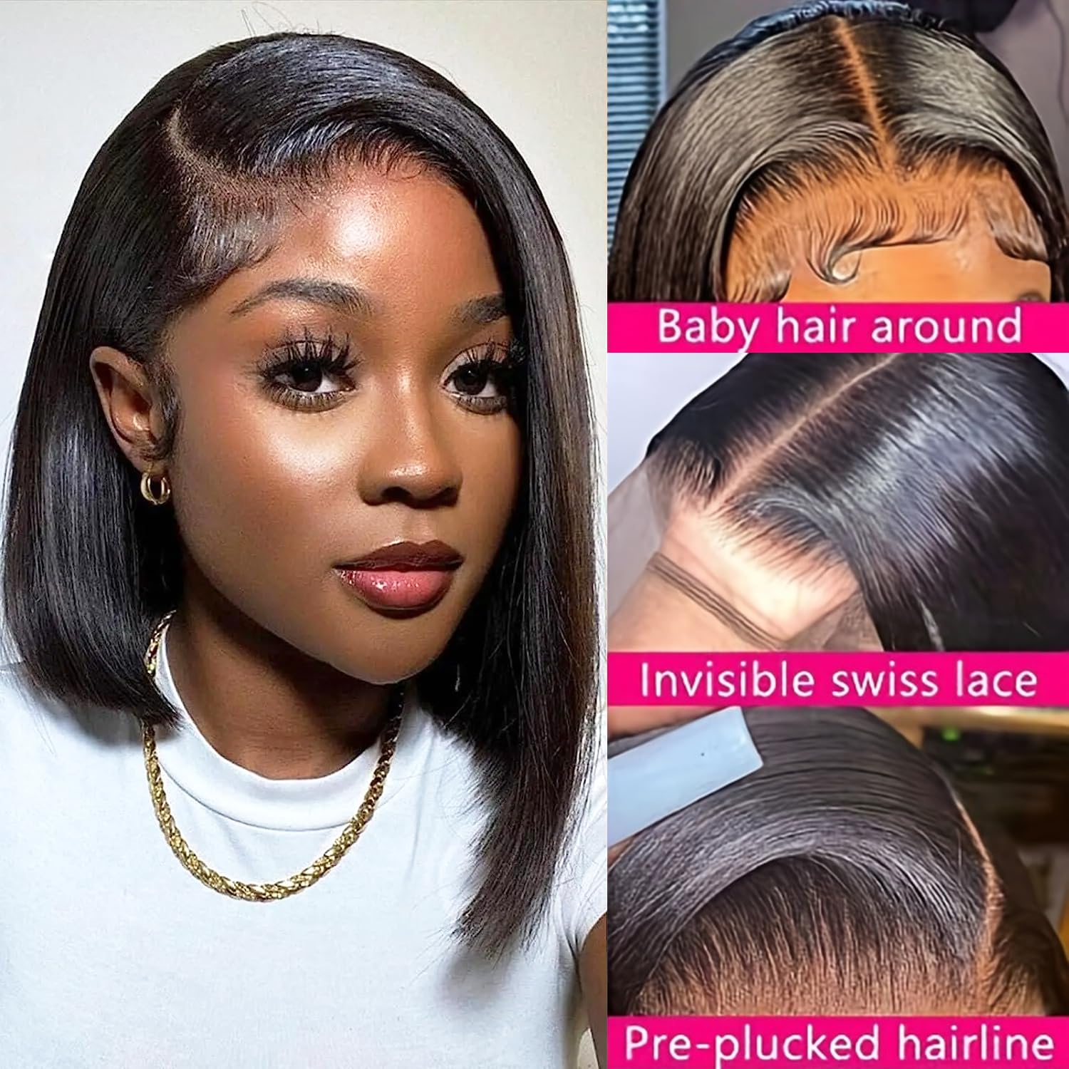 Bob Wig Human Hair 13x4 HD Lace Front Wigs Brazilian Virgin Human Hair Bob Wig Glueless Straight Lace Frontal Bob Wigs Pre Plucked with Baby Hair for Black Women 180% Density Natural Color 12 Inch