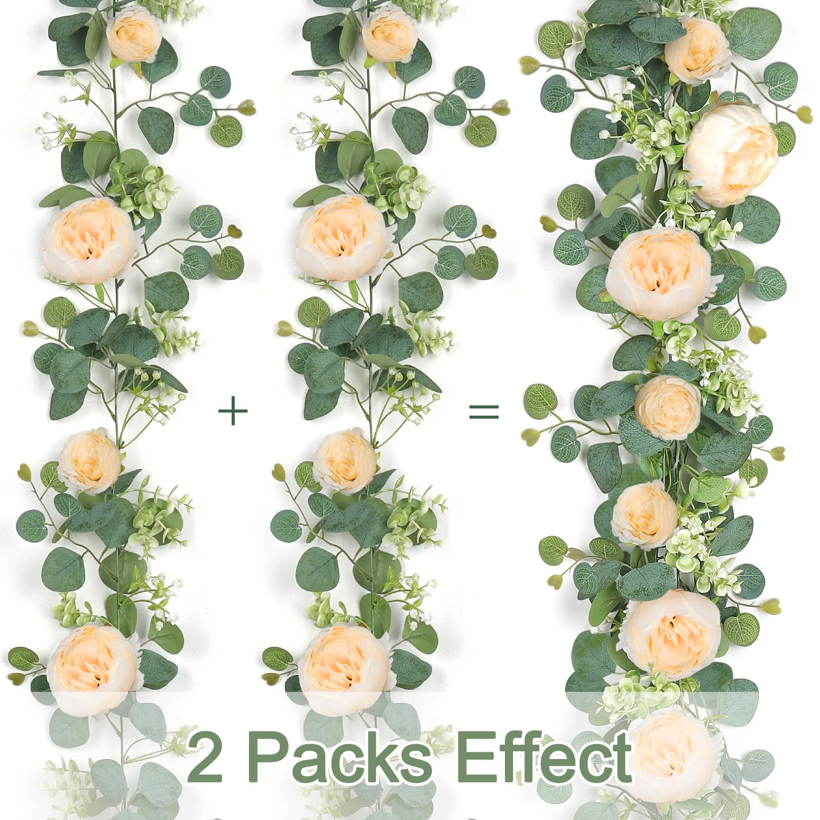 Künstliche Eukalyptus-Blumengirlande mit künstlichen Rosen, Samen, Eukalyptusblättern, grüne Girlande für Hochzeit, Tischhintergrund, Party, Tafelaufsatz, Raumdekoration, Champagner, 4 Stück