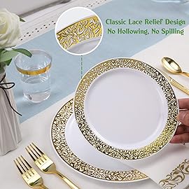 FOCUSLINE 350 Ct Gold Dinnerware Set for 50 Guests, Gold Lace Plastic Plates Disposable Heavy Duty, Including 50 Dinner & Dessert Plates, Cups, Napkins, Cutlery Set