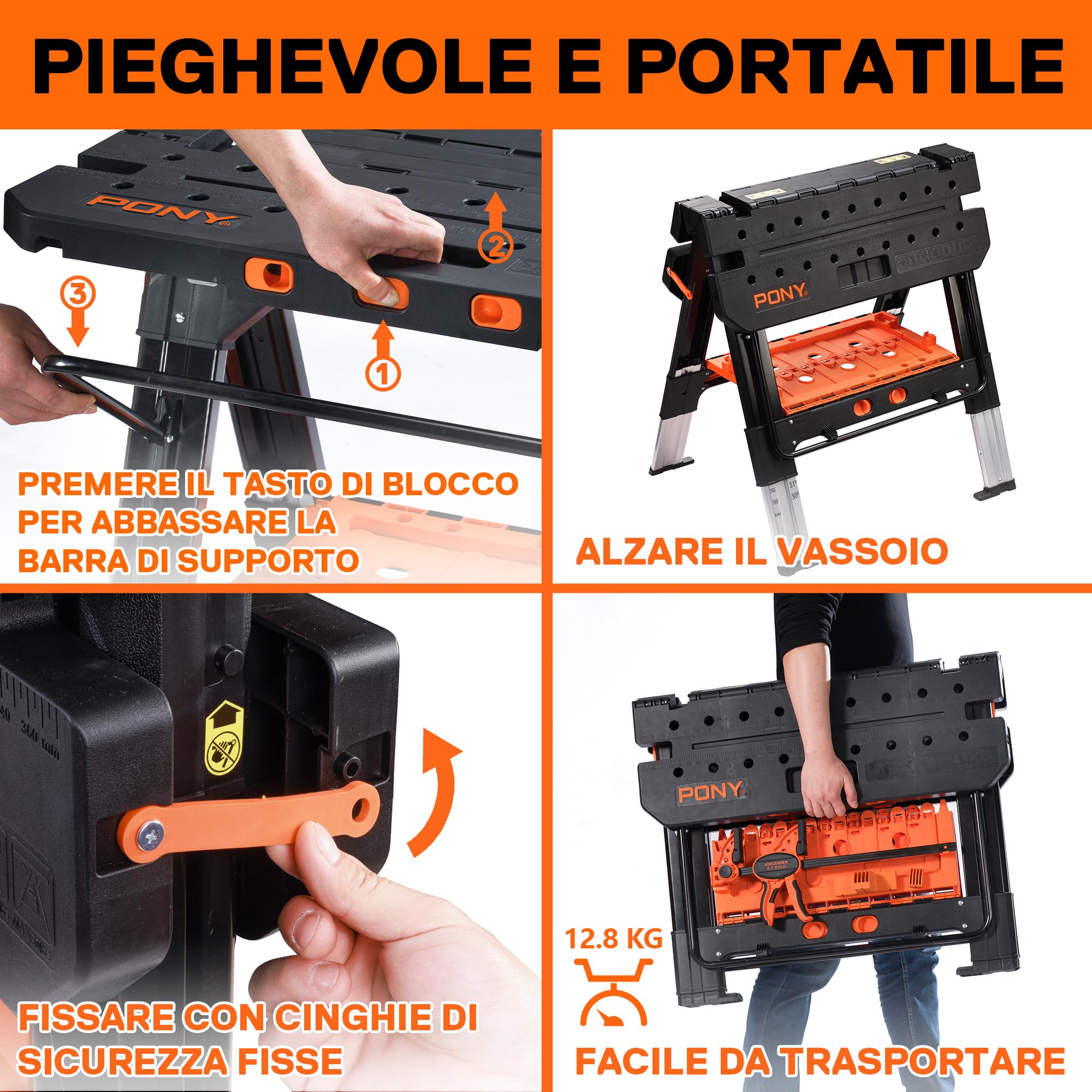 PONY Tavolo da lavoro 2 in 1 con 2 morsetti trigger