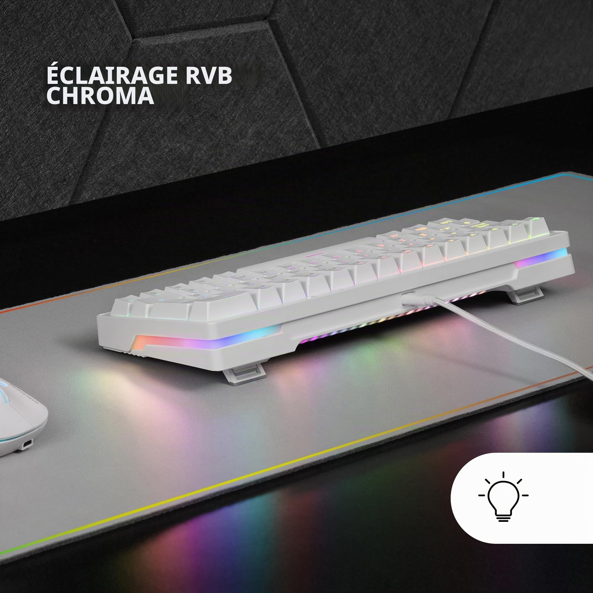 Mars Gaming MKMINIPRO, Espagnol, Clavier mécanique Ultra-Compact 60%, commutateurs mécaniques Hot-Swappable, éclairage RGB Chrome, Clavier Gaming Antighosting, Multiplateforme, Switch Marron, Blanc