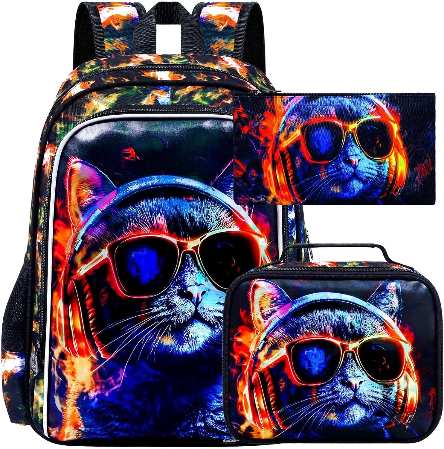 HPJGD 3PCS Boys Cat Bookbag, Water Resistant Kids Backpack with Lunch Box, 17" School Bag Set for Teenagers Middle Elementary - Sunglasses Cat