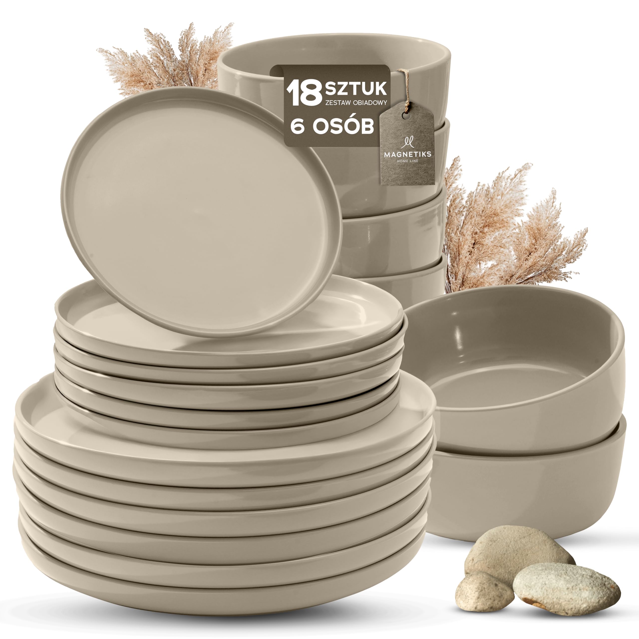 Zestaw naczyń z gresu porcelanowego dla 6 osób, 18 części — wytrzymalszy i odporny na zarysowania niż zestaw talerzy i misek z terakotą, beżowy połysk | Zestaw stołowy składający się z 6 talerzy