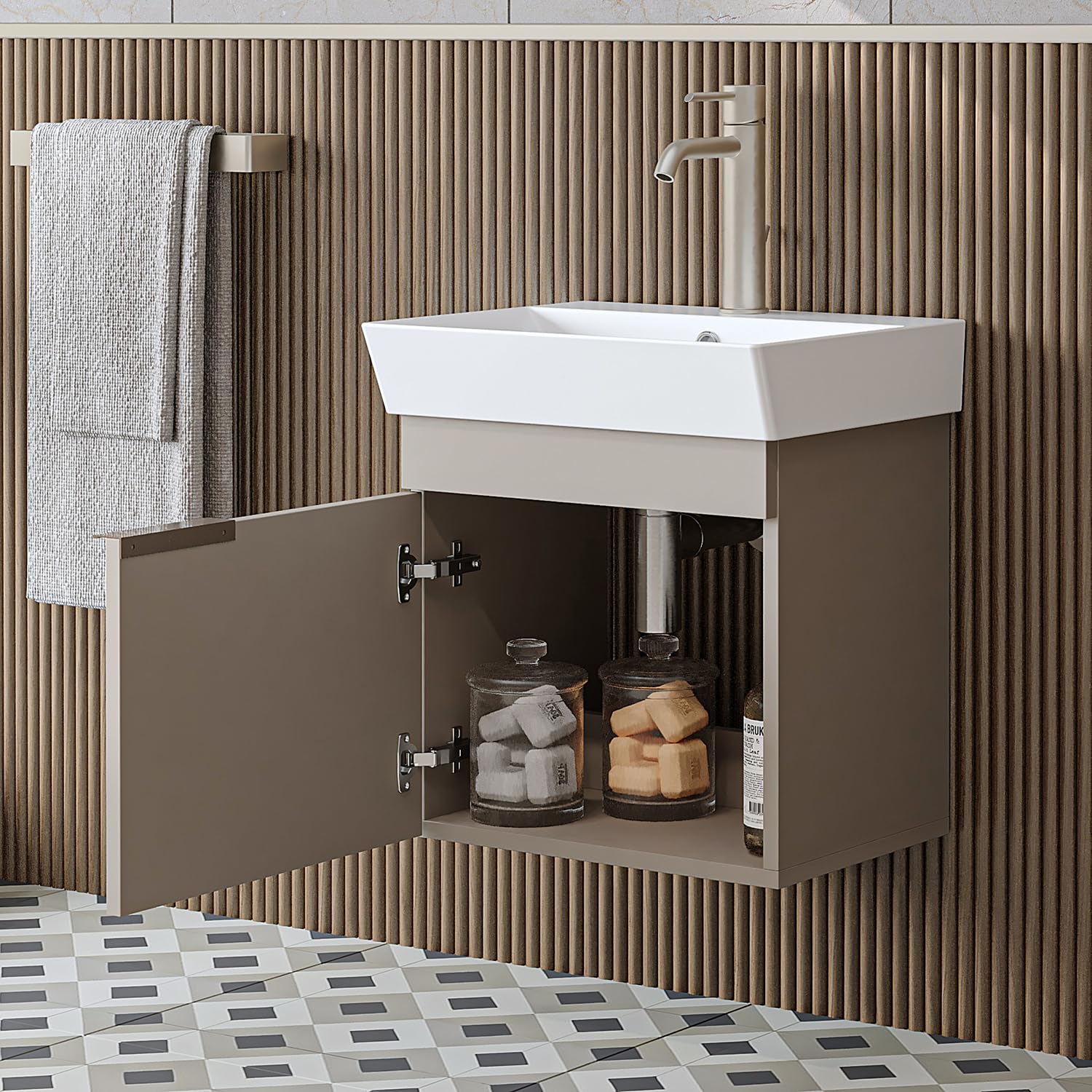 ROOMART Badmöbelset LYCIA 50 cm Unterschrank mit Keramik-Waschbecken, Spiegelschrank, Seitenschrank, Badezimmermöbel in 4 Farben (Sandbegie, Unterschrank mit Waschbecken)