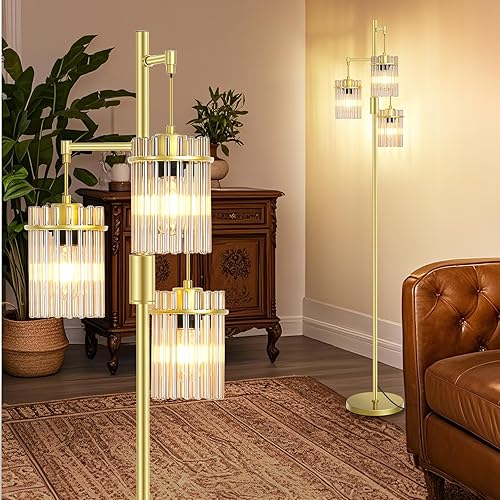 Miniatura 8 de Lámparas de pie industriales modernas para sala de estar, lámparas altas de cristal regulables con 3 elegantes cabezales de jaula de lágrima y