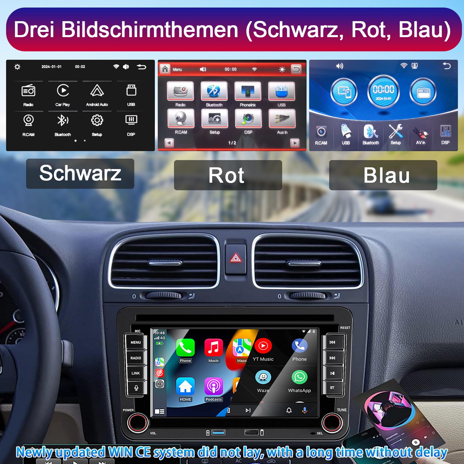 Adecuado para VW Golf 5/6, Polo, T5, Toucan, Skoda, Passat, Jetta, Caddy, CC, Touran. Autoradio 7" táctil con CarPlay/Android Auto, Bluetooth/FM/USB/Am/DSP/RDS y Alta Potencia.