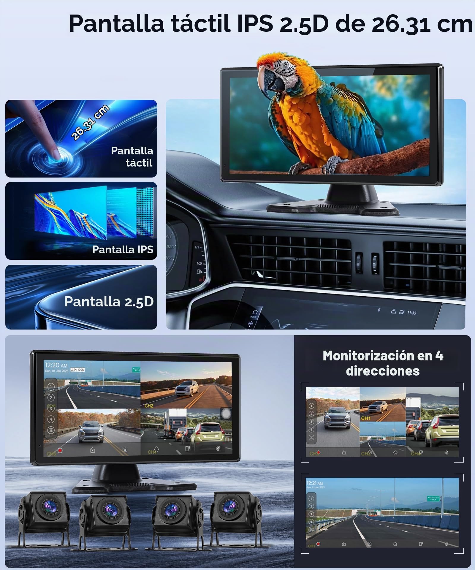 4K Cámaras de Visión Trasera 4 Cámaras Set avec Wireless Carplay Android Auto, 10,36 Pulgadas Monitor 4 Pantallas Divididas, Bluetooth/Transmisor FM/Vídeo en Bucle/Vídeo WiFi para Camión/Bus/Furgoneta