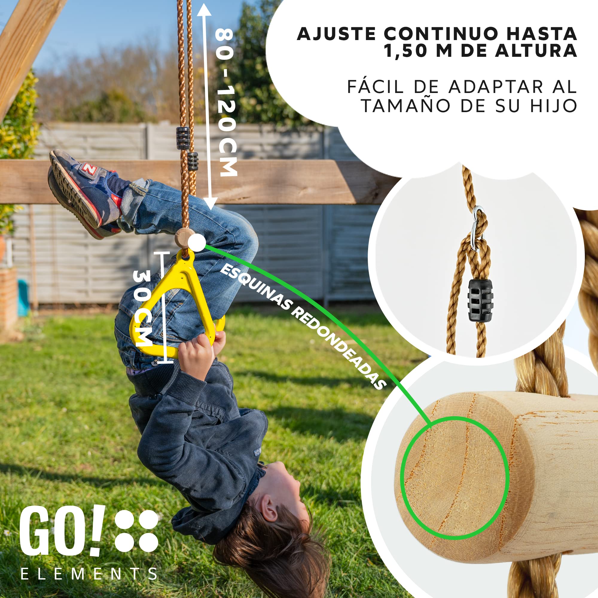 GOelements Columpio Trapecio Jardín Exterior Niños - Asiento Antideslizante - Altura Ajustable - Color: Amarillo