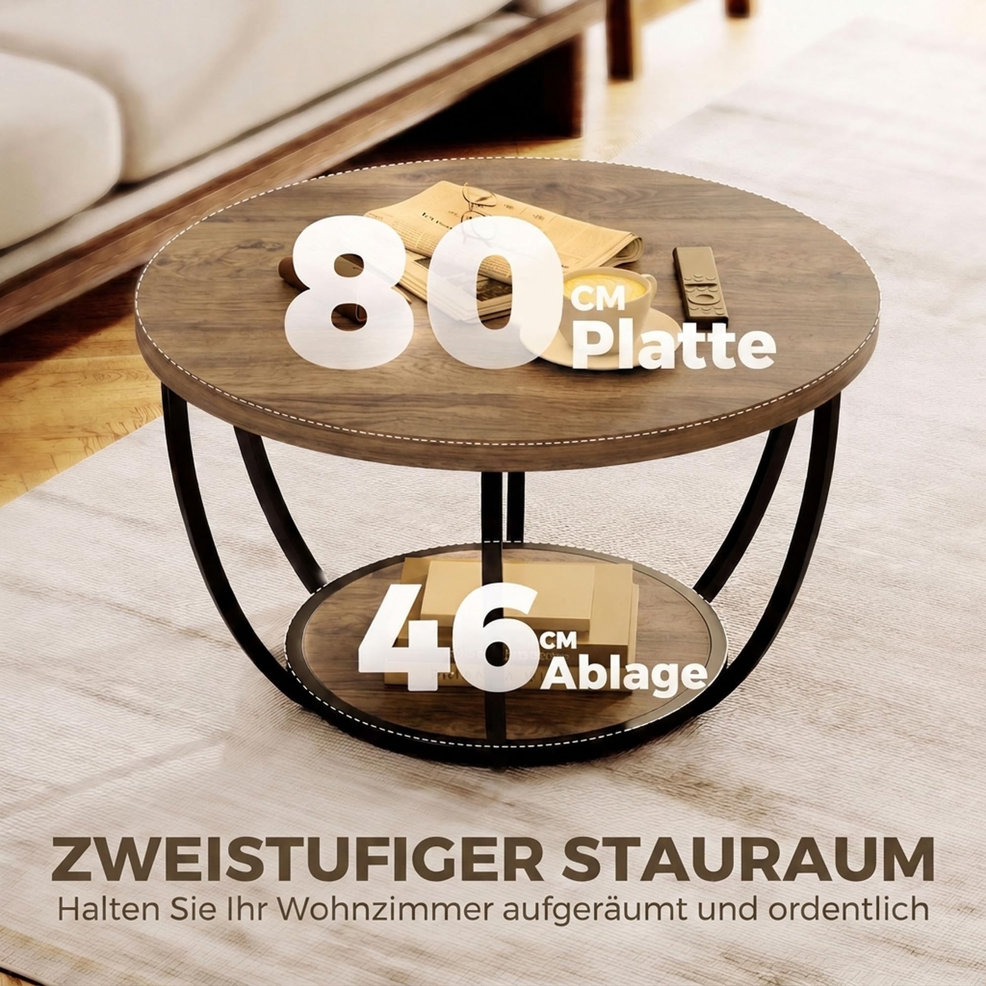 HOMCOM Couchtisch Rund mit Stauraum, 2 Ebenen, 80 x 80 x 43,8 cm Braun