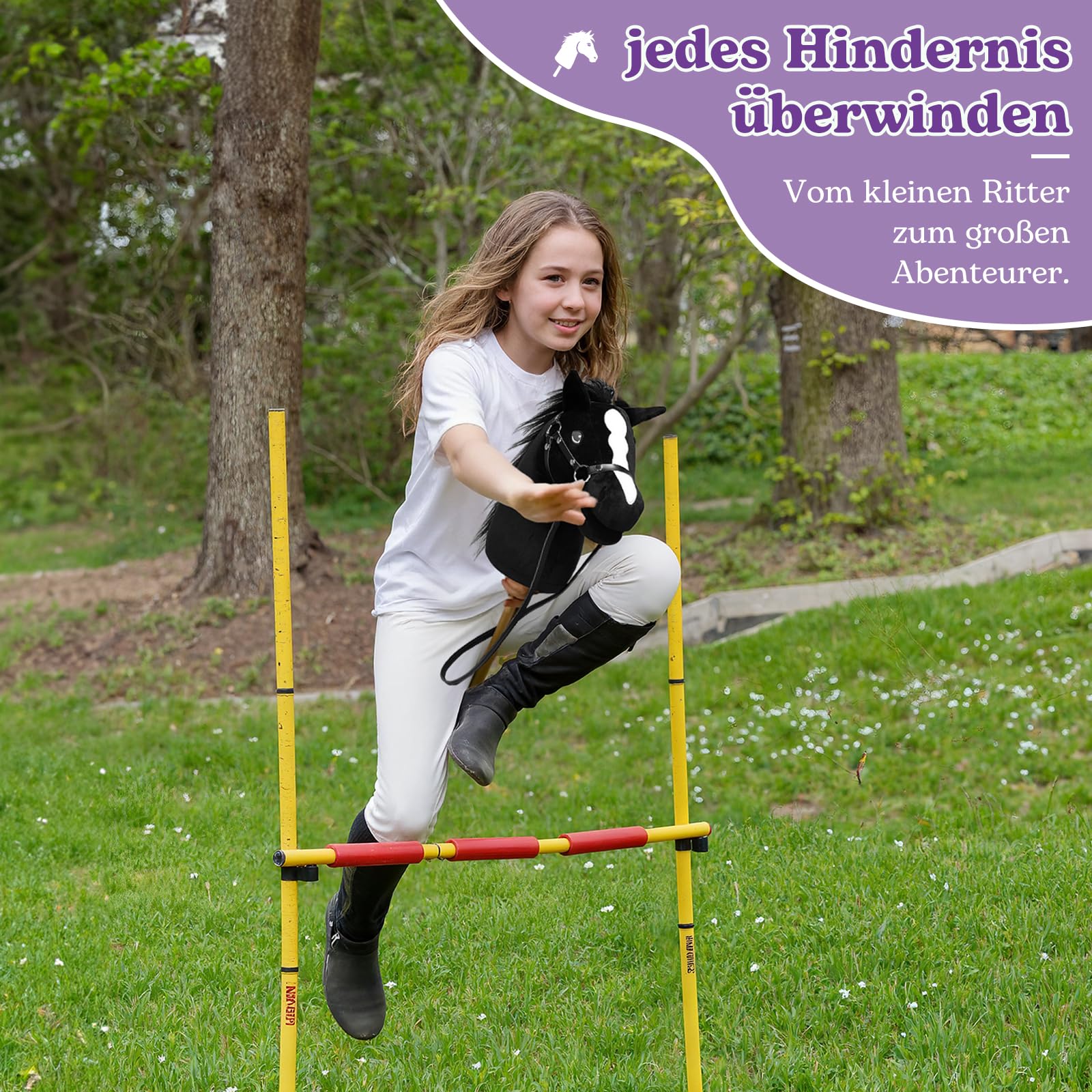 Hobby Horse - Koń na Kiju z Kantar i Ogłowiem (Czarny) | Duży Koń na Kiju dla Dzieci z Przykręcaną Tyczką 40 cm, Hobby Horse do Hobby Horsingu, do Zabaw w Odgrywanie Ról i Jazdy