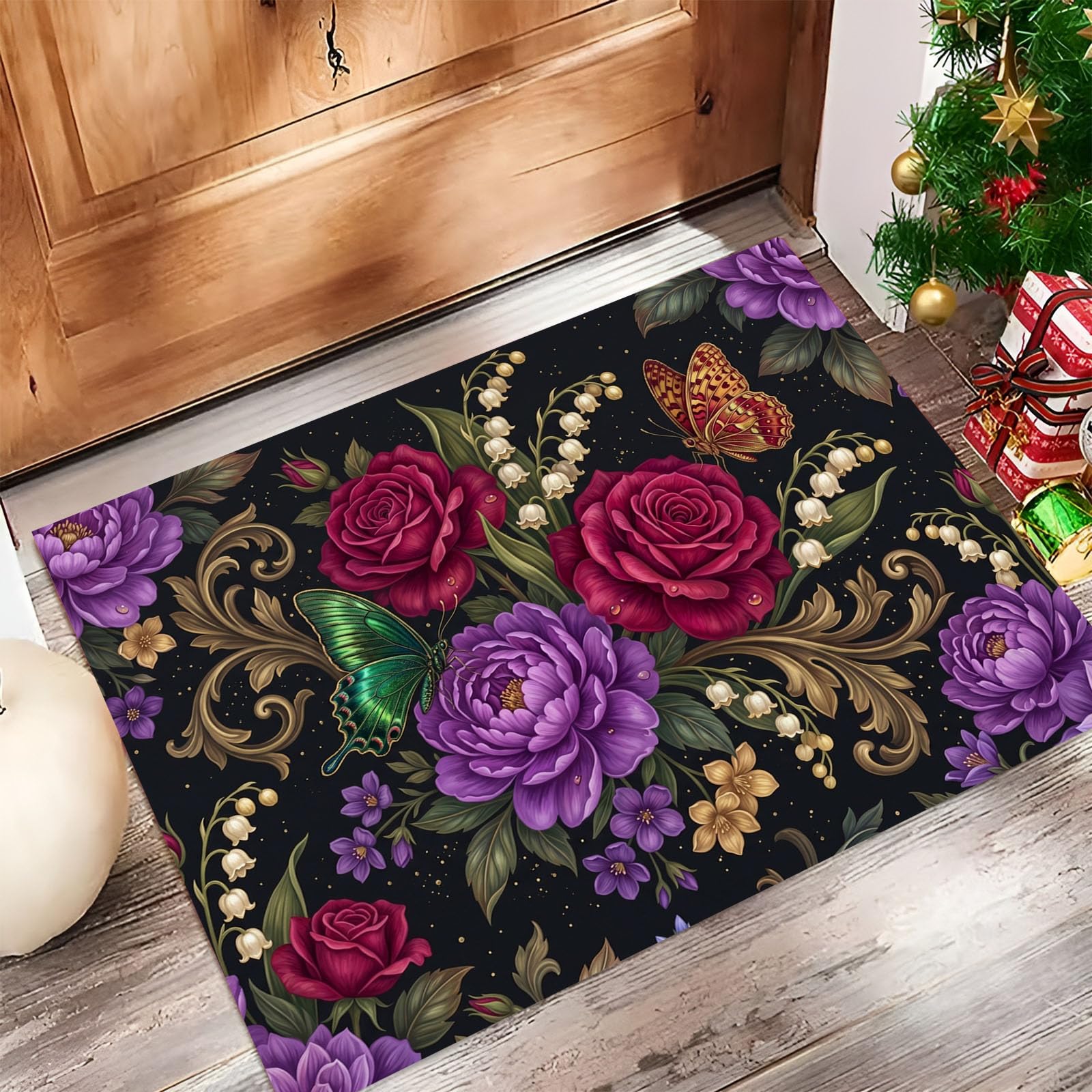 Zerbino Interni Fiore Misterioso Cielo Stellato 60X90Cm, Antiscivolo Lavabile, Tappeto Da Ingresso Peonia Vintage Farfalla, Tappetino Pelo Basso Antipelo Per Porta D’Ingresso, Rosso Scuro