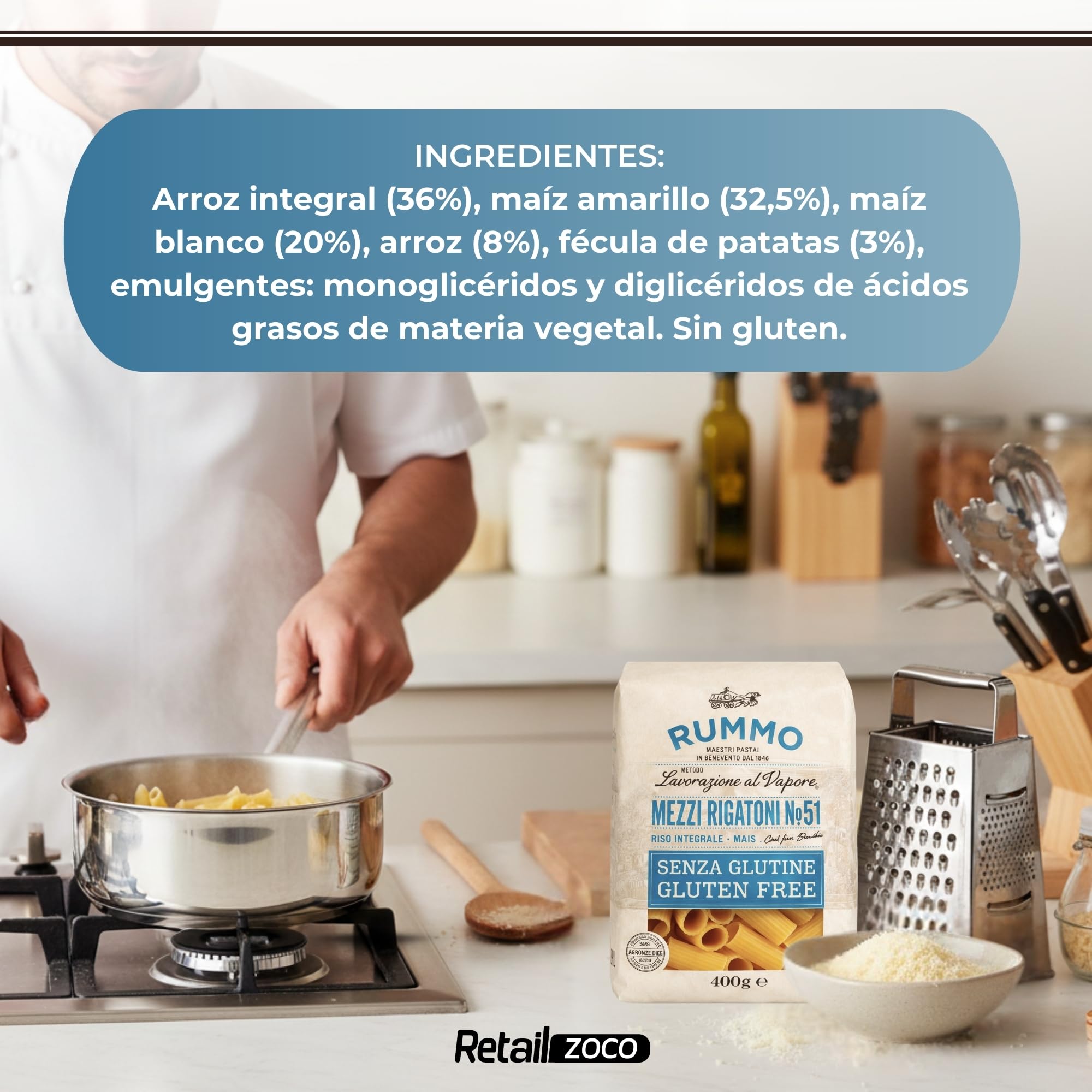Pasta Rummo Mezzi Rigatoni SIN Gluten nº 51, Pasta Italiana, Pasta alimenticia con harina de arroz integral y maíz, Sin gluten, Elaboración lenta, 3 Paquete de 400 gr