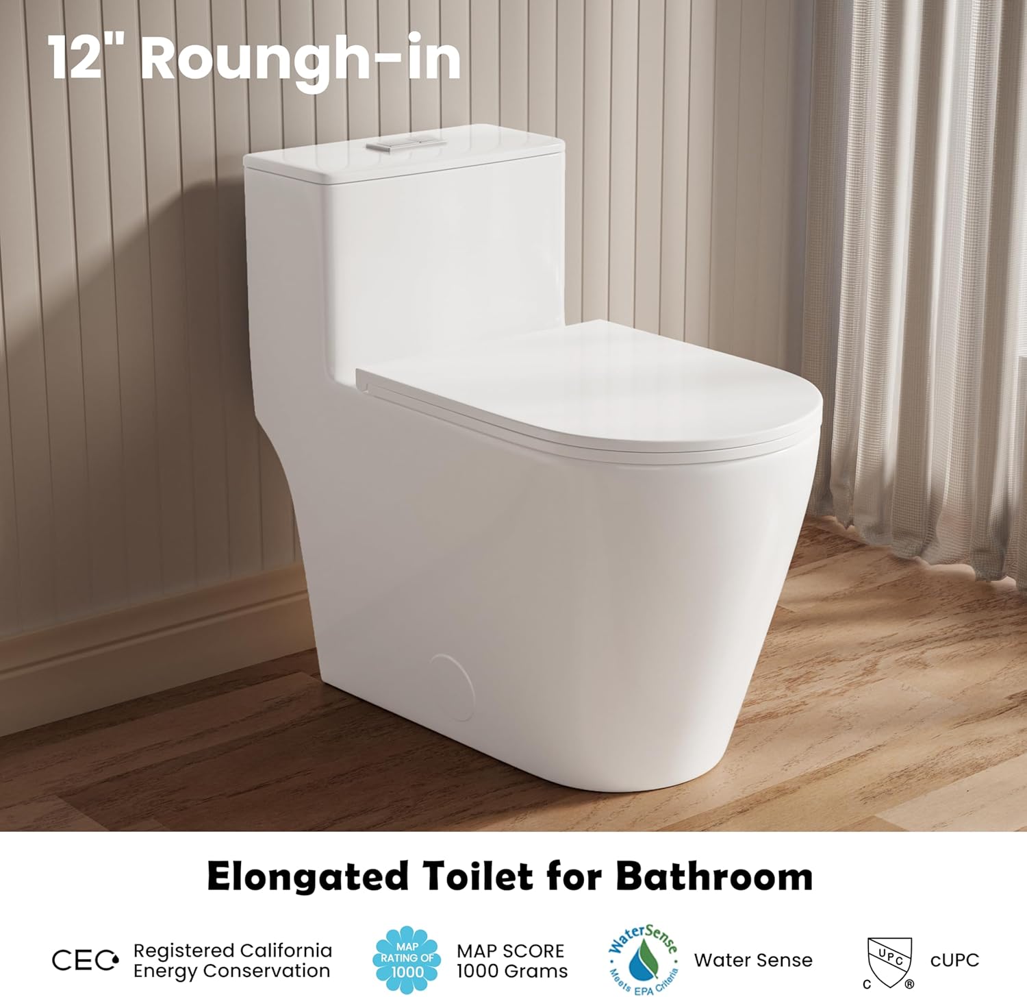Casta Diva Elongated One Piece Toilet with 17" ADA Comfort Chair Height Seat Compact Toilet for Bathroom Dual Flush 1.1/1.6GPF, 12'' Rough-in, High Efficiency Flush, Standard White Bowl