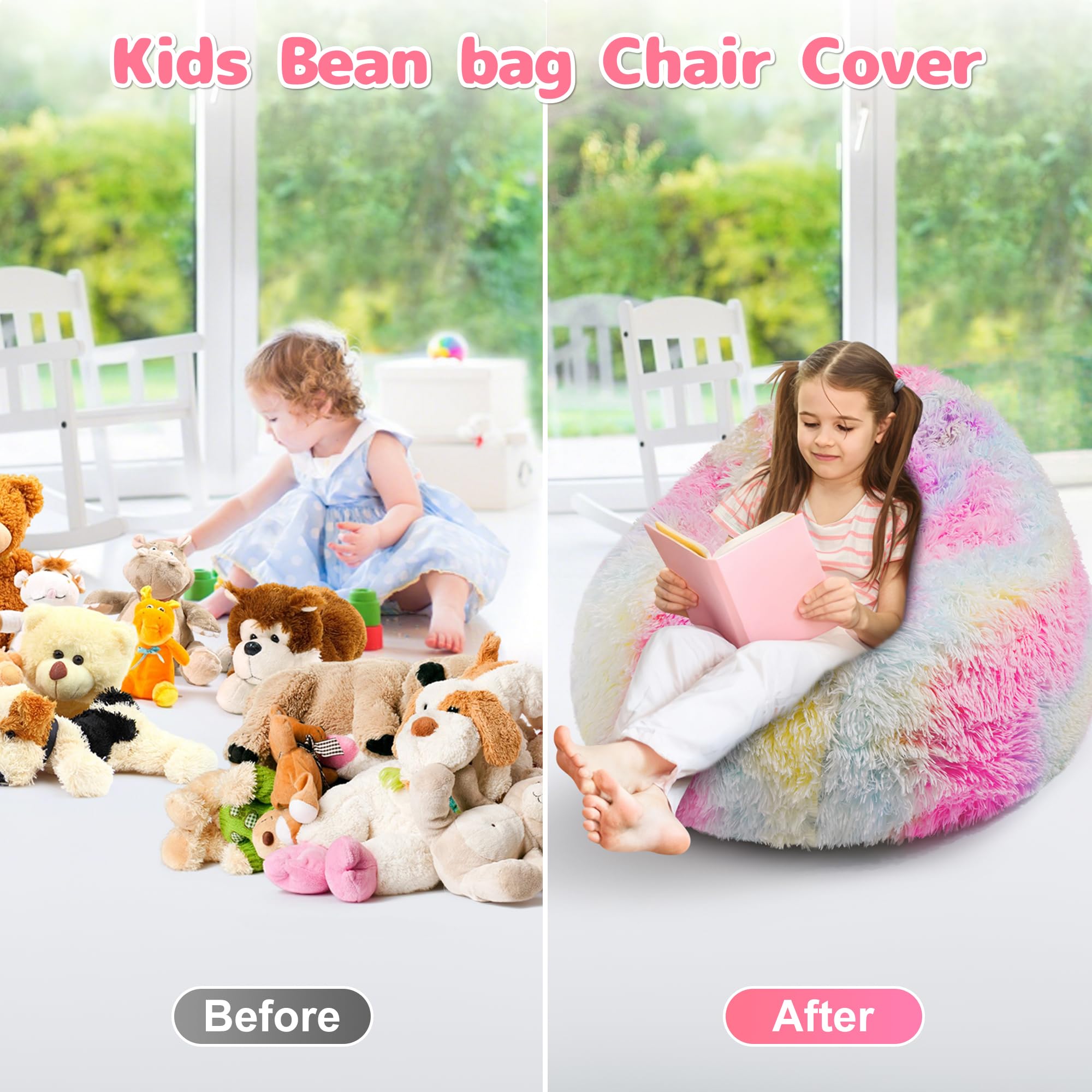 Funda para puf de piel sintética esponjosa para niños y adultos (sin relleno) - Almacenamiento antideslizante para animales de peluche para salón y dormitorio (arco iris)