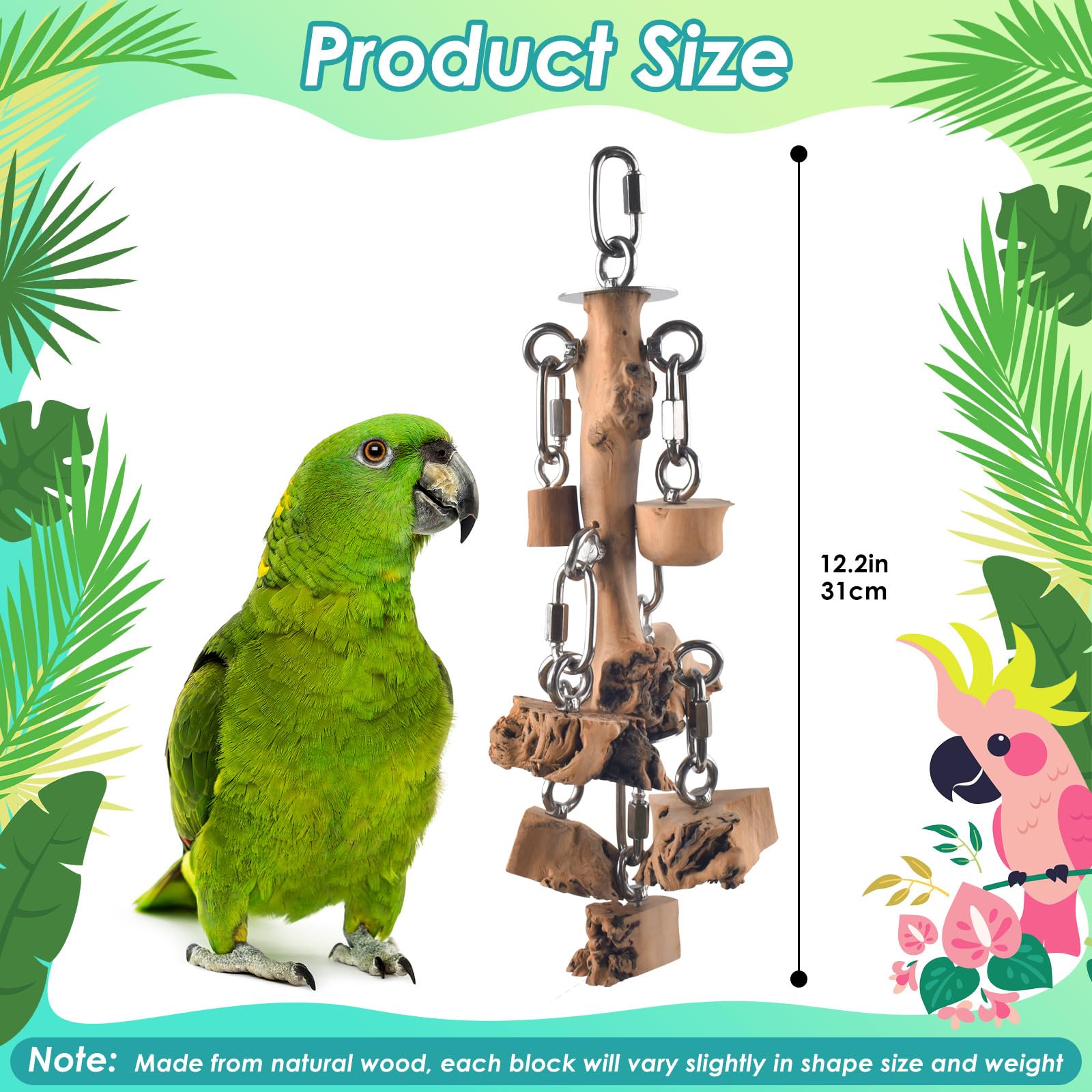 Bird Toys for Parrot, Durable Stainless Steel Large Birds Chew Toy, Hanging Detachable Natural Hardwood Blocks for Medim to Large Eclectus, African Greys, Amazon Parrot, Cockatoo - image 2