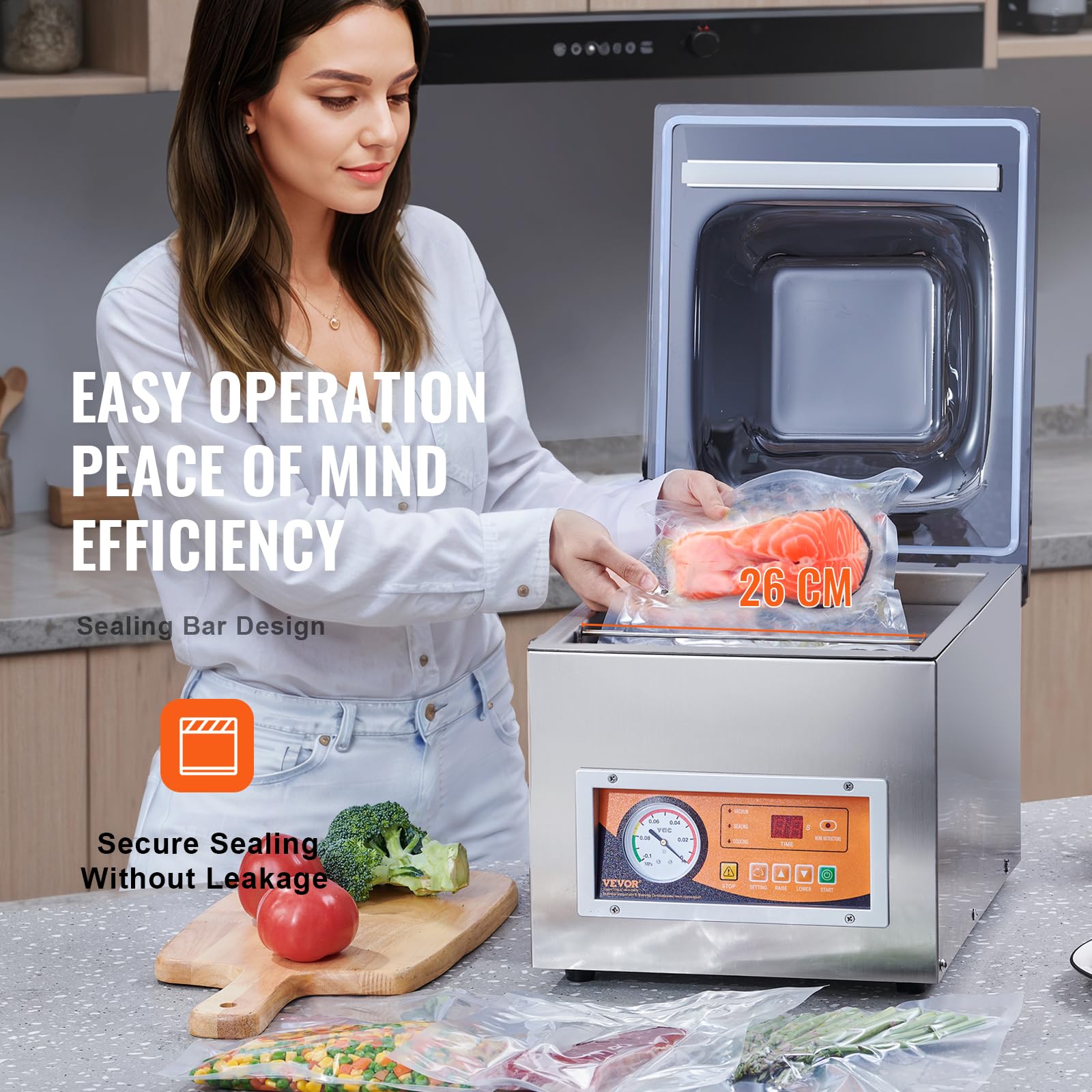 VEVOR Sellador al Vacío de Cámara 260 W Máquina de Envasado al Vacío de Acero inoxidable Tamaño Compacto de 260 mm para Cocina del Hogar Para Uso Comercial Para Alimentos Húmedos, Carnes y Adobos