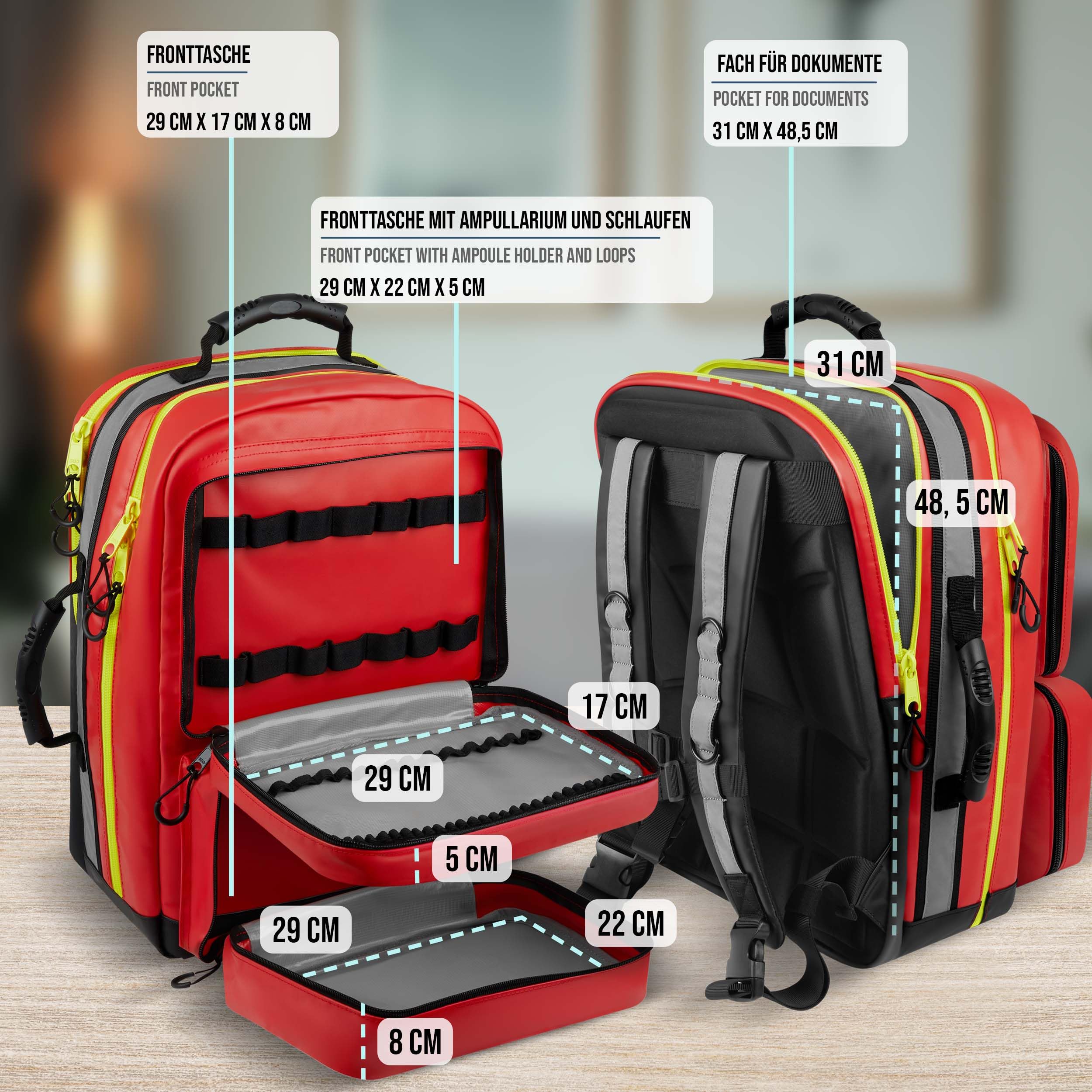 PULOX Notfallrucksack mit farbigem Klett-Modul-System - Unbefüllt | Erste-Hilfe-Rucksack, Rettungsrucksack mit übersichtlichem Klett-Modul-System zur individuellen Bestückung - ohne Füllung