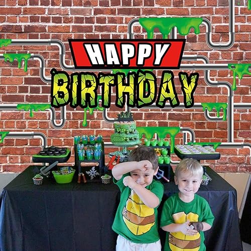 Miniatura 6 de Telón de fondo de fiesta de tortuga ninja de dibujos animados, pancarta de pared de ladrillo rojo de tubería de agua, suministros de fiesta de