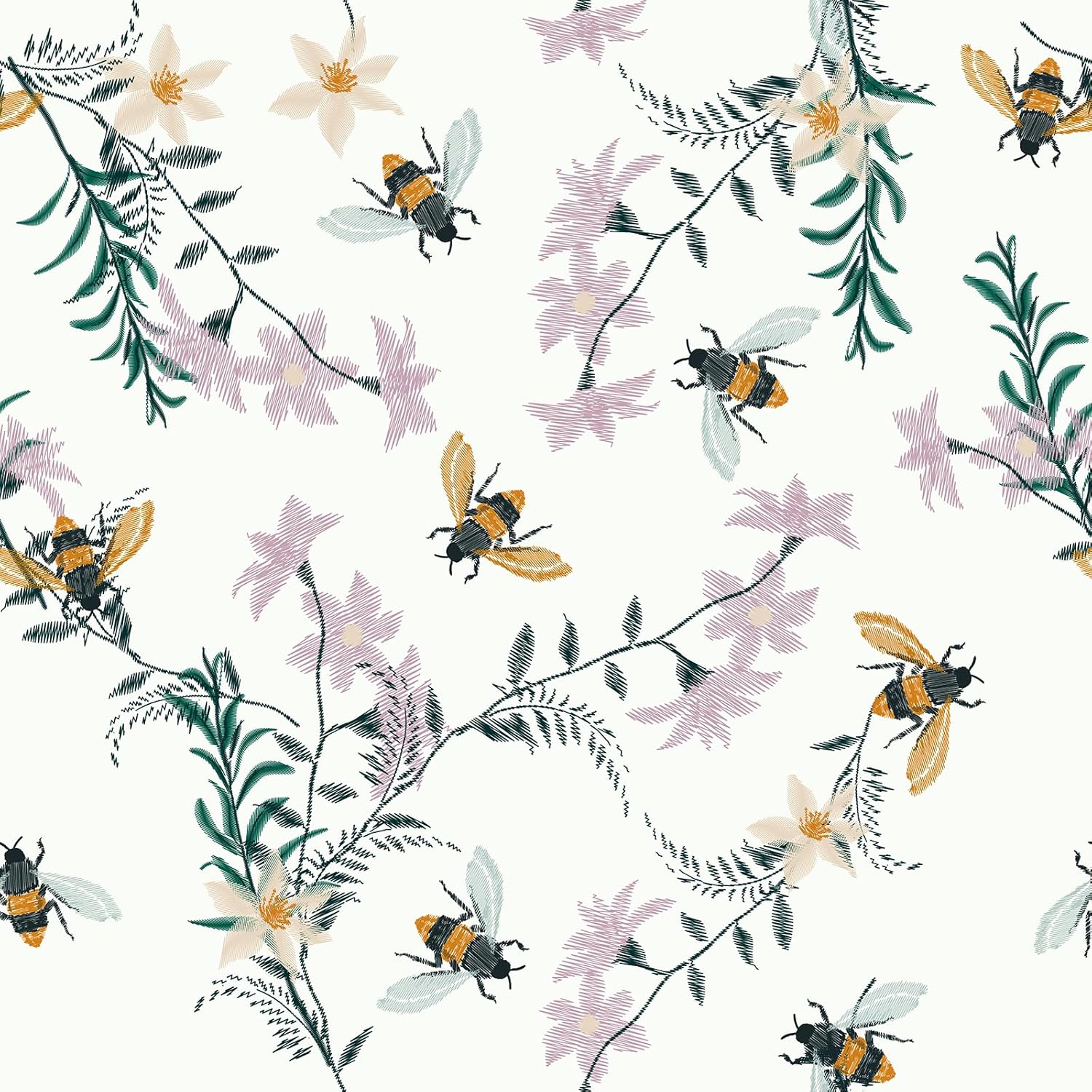 VaryStyle 17.7"x118" Embroidery Floral Wallpaper Beige Bee Floral Peel and Stick Wallpaper Vintage Nature Contact Paper for Cabinets Wall Mural Self Adhesive Removable Wall Paper for Bedroom Nursery