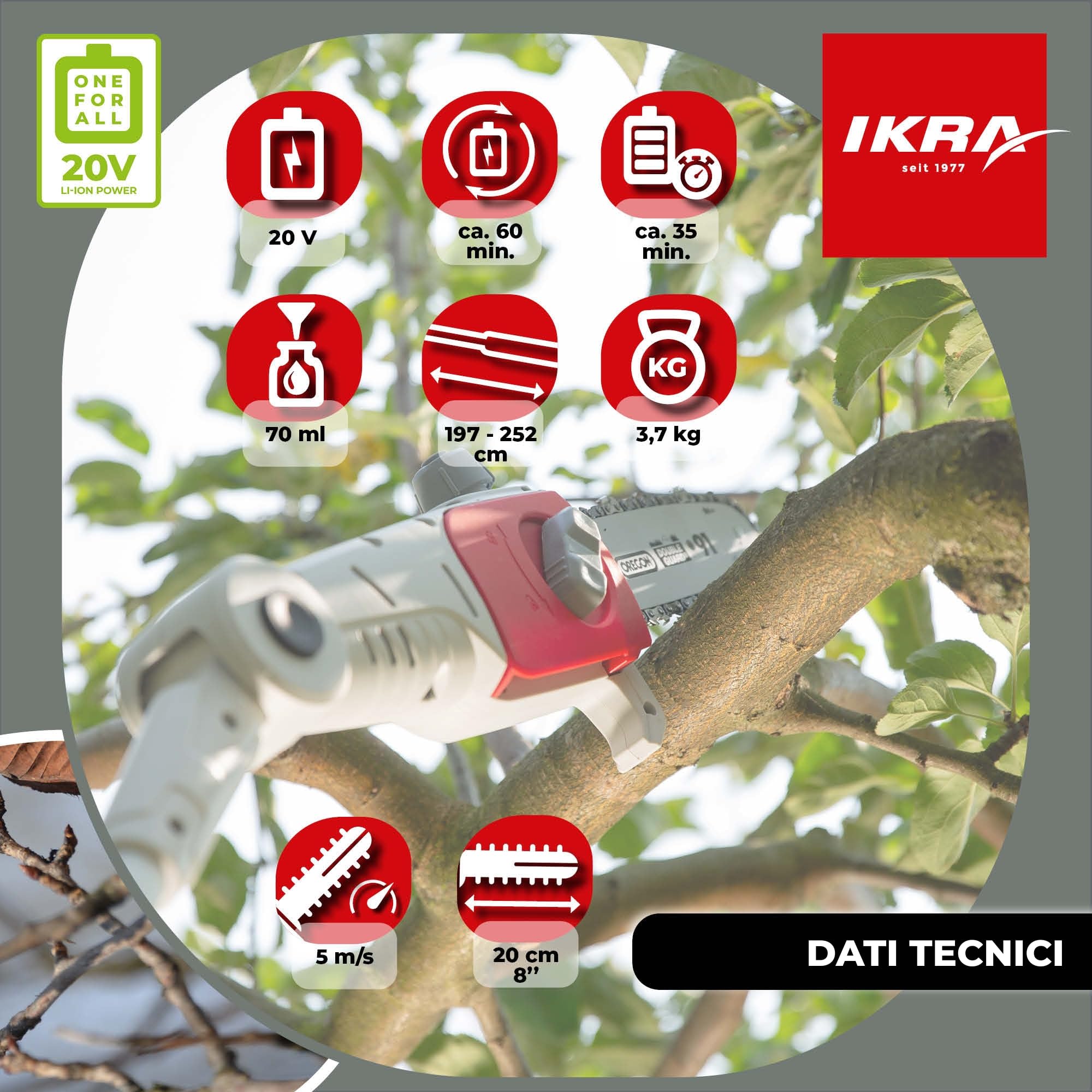 IKRA potatore telescopico ICPS 2020, lunghezza lama 20cm, incl. batteria di ricambio, caricatore rapido e tracolla