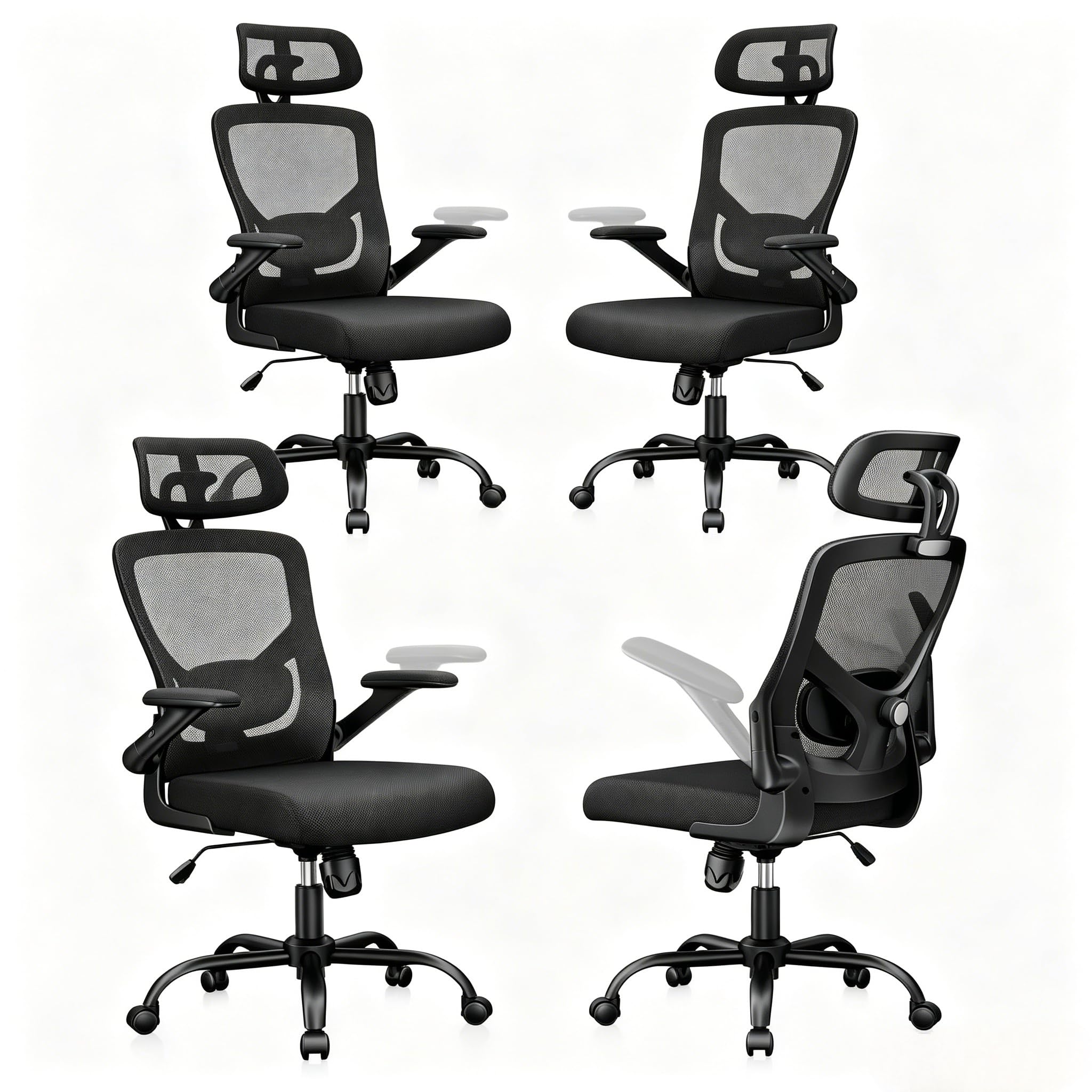 Marsail Ergonomic Mesh Office Chair High Back Desk Chair Adjustable Lumbar Support with Headrest Flip-Up Liftable Arms Swivel Computer Task Chair,4PCS