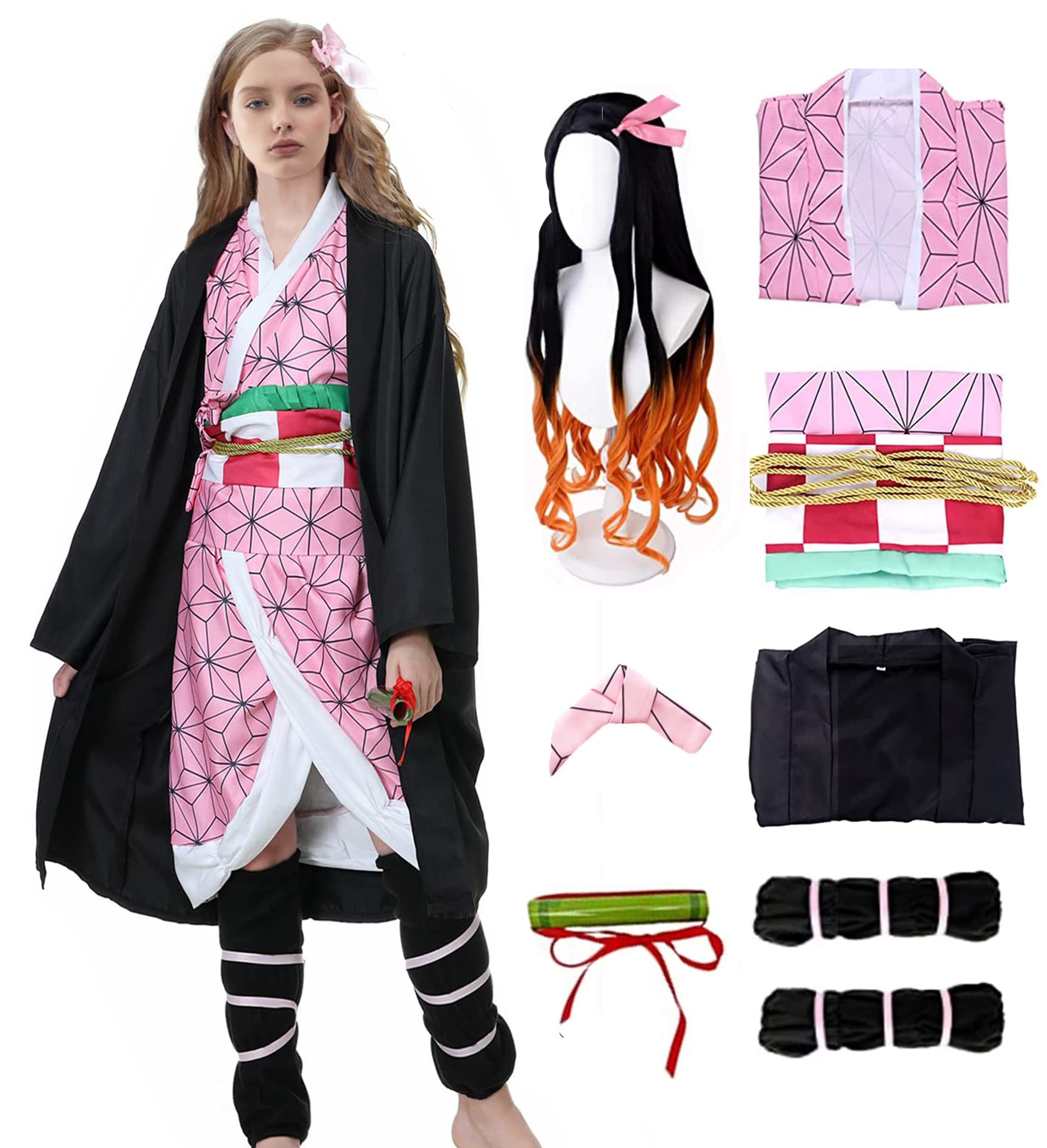 Buy 9PCS Nezuko Cosplay Costume Adult Kamado Nezuko Cosplay Set Women Anime Kimono Wig Nezuko
