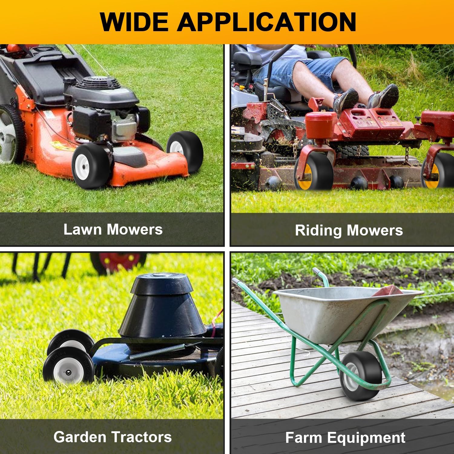 13x5.00-6 Flat Free Tire and Wheel with 3/4" & 5/8" Bearing, 13x5.00-6 Lawn Mower Tires for Zero Turn Mower, Riding Lawn Mower for Commercial Grade Lawn, 3"-5.65" Centered Hub (Yellow-2 Pack)